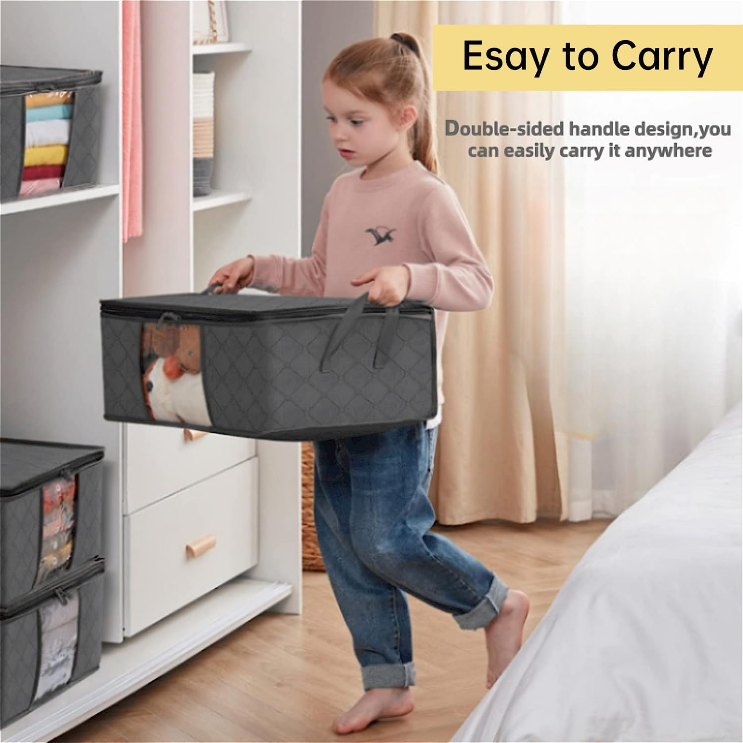 Evangrinzia 6 Pack Clothes Storage Bag, Foldable Storage Bin Closet Organizer with Durable Handle, Sturdy Fabric Blanket Storage with Clear Window, Storage Containers for Clothing, Bedding, Gray（35L） image number 1