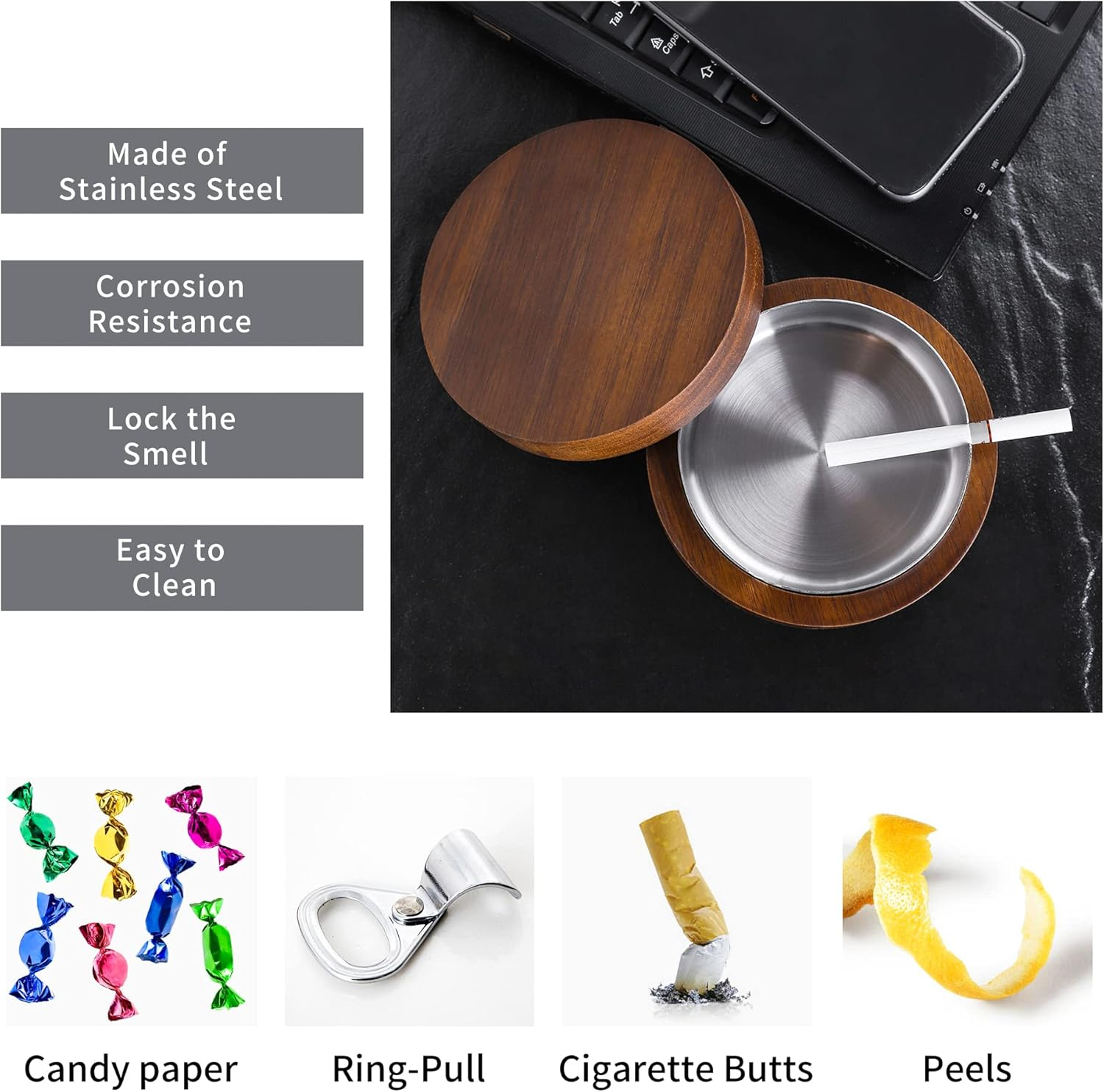 Wooden Ashtray with Lid for Smokers Stainless Steel Liner Ash Tray Windproof Durable Easy to Clean Cool Ashtrays for Indoor or Outdoor Use, Patio, Office & Home image number 6