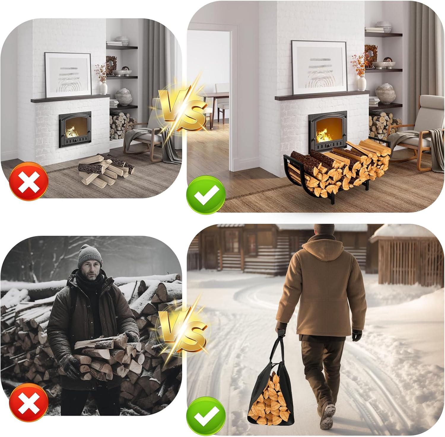 Firewood Rack Indoor with Log Carrier - 34Inch Fireplace Wood Holder, Black Outdoor Firewood Storage Organizer, Heavy Duty Log Holder for Fireplace, Patio Deck, Wood Carrier Tool image number 1