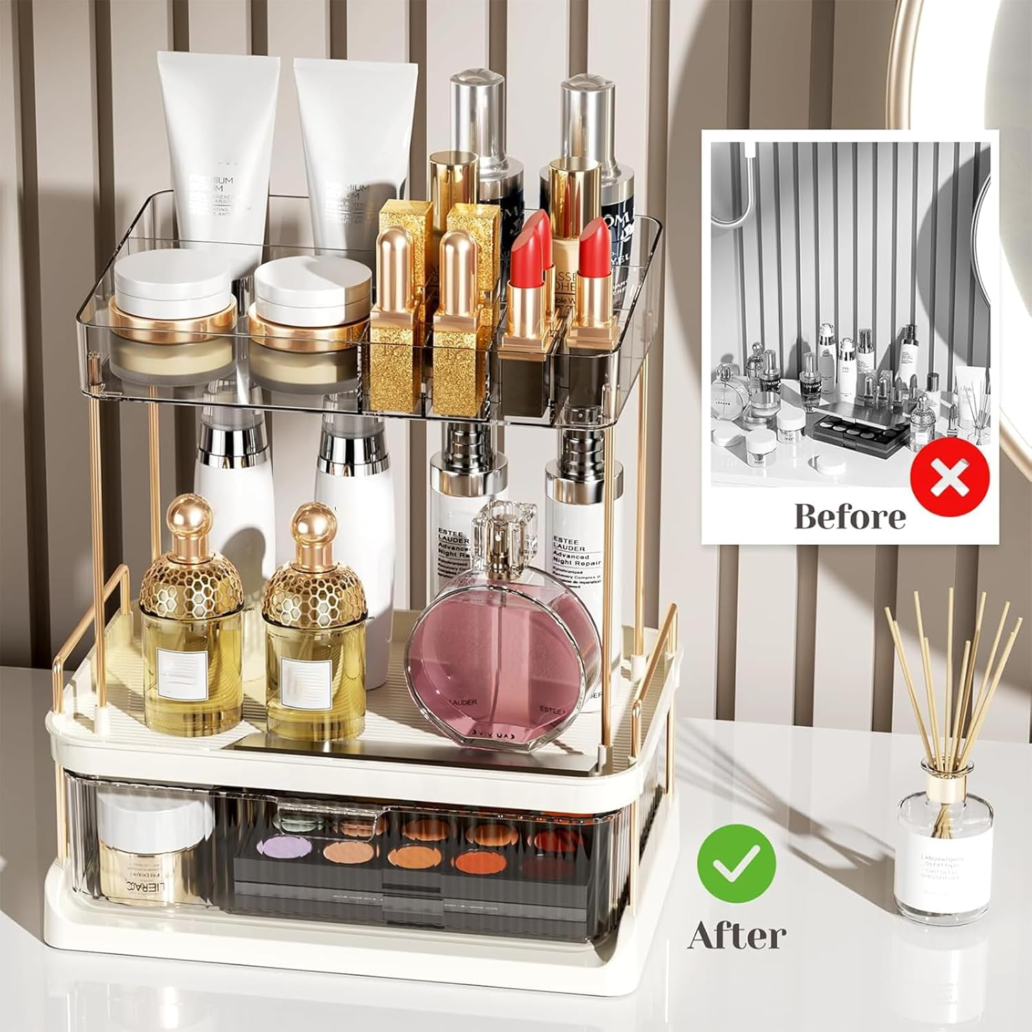2-Tier Bathroom Counter Organizer with Large Drawer and Compartments, Clear Skincare and Makeup Organizer for Countertop, Multi-Purpose Cosmetic Storage Box image number 2