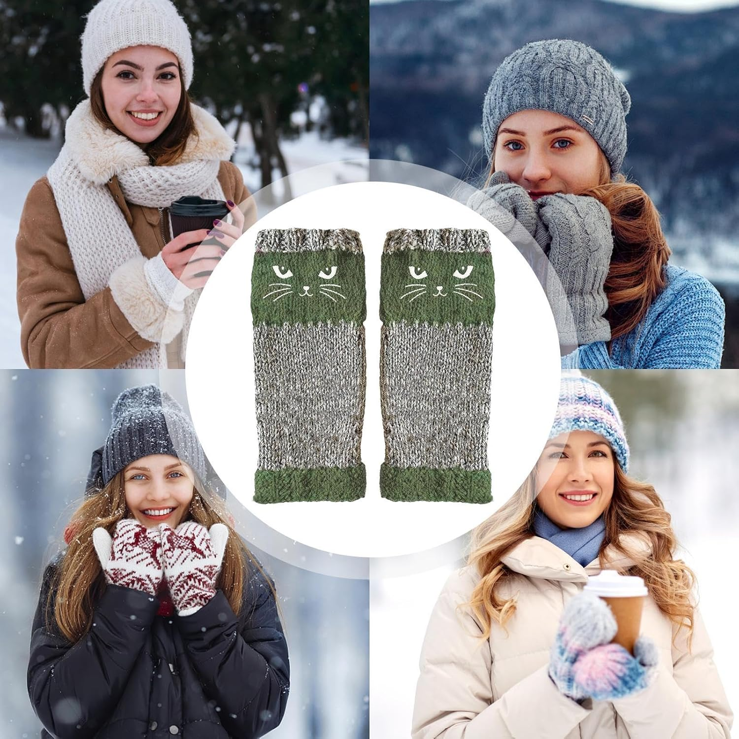 Cat Embroidery Patchworks Knitted Gloves, Cat Embroidery Outdoor Warming Supplies,Fashionable Fingerless Casual Women'S Gloves for Cats Lovers Women Girls Ladies - Black image number 7