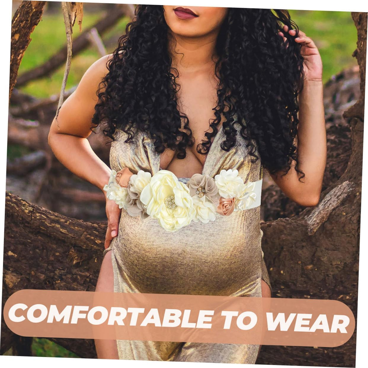 2Pcs Floral Satin Ribbon Maternity Sash Belt for Shower Pregnancy Photoshoot Belly Band Rhinestones for Expectant Mothers Beige image number 1