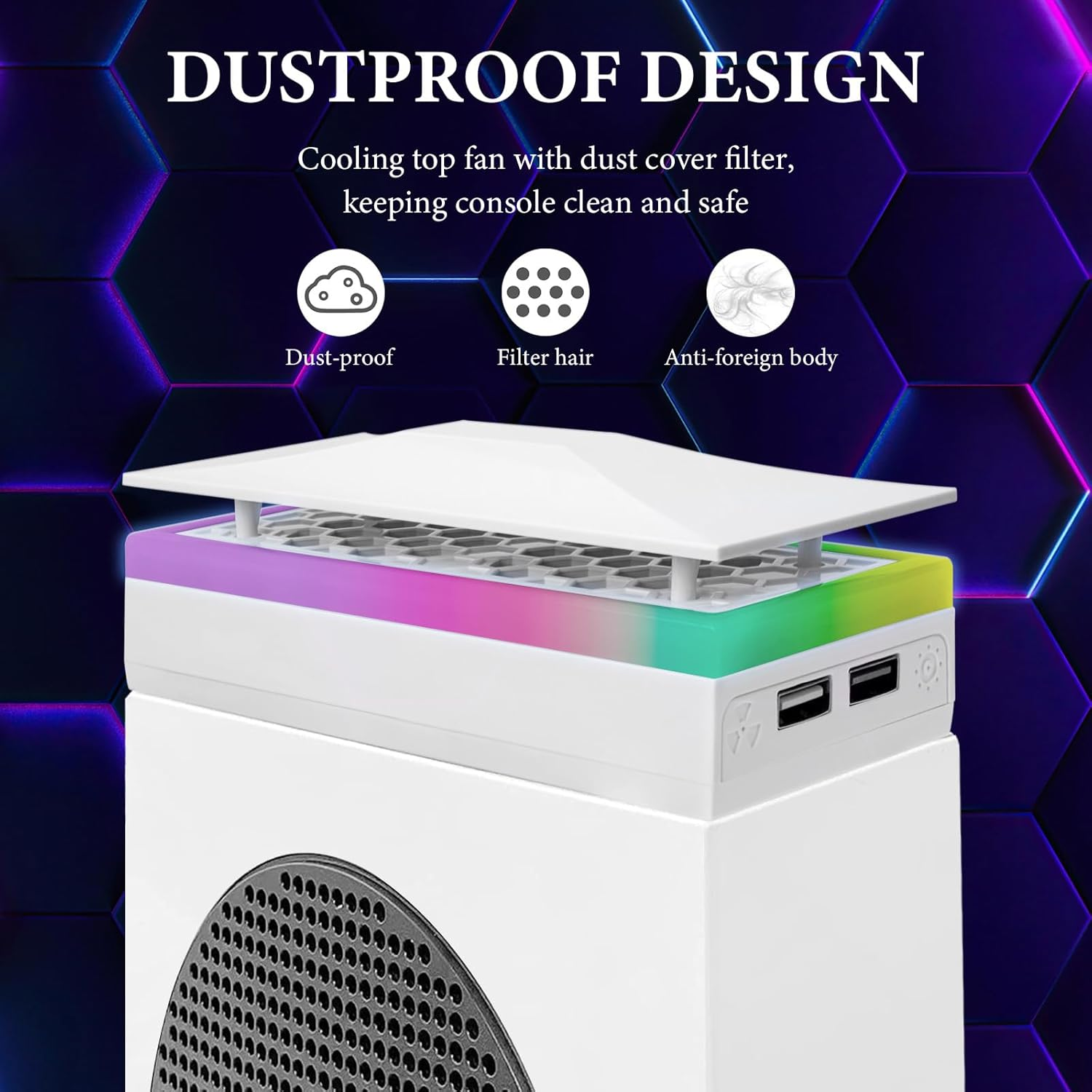 Geekria RGB Cooling Fan Compatible with Xbox Series S, Top Heat Dissipation Dust Fan, Chilling System with 3 Speed Level Adjustable, 7 Modes RGB Light Strip, Low Noise and 2 USB Port image number 2