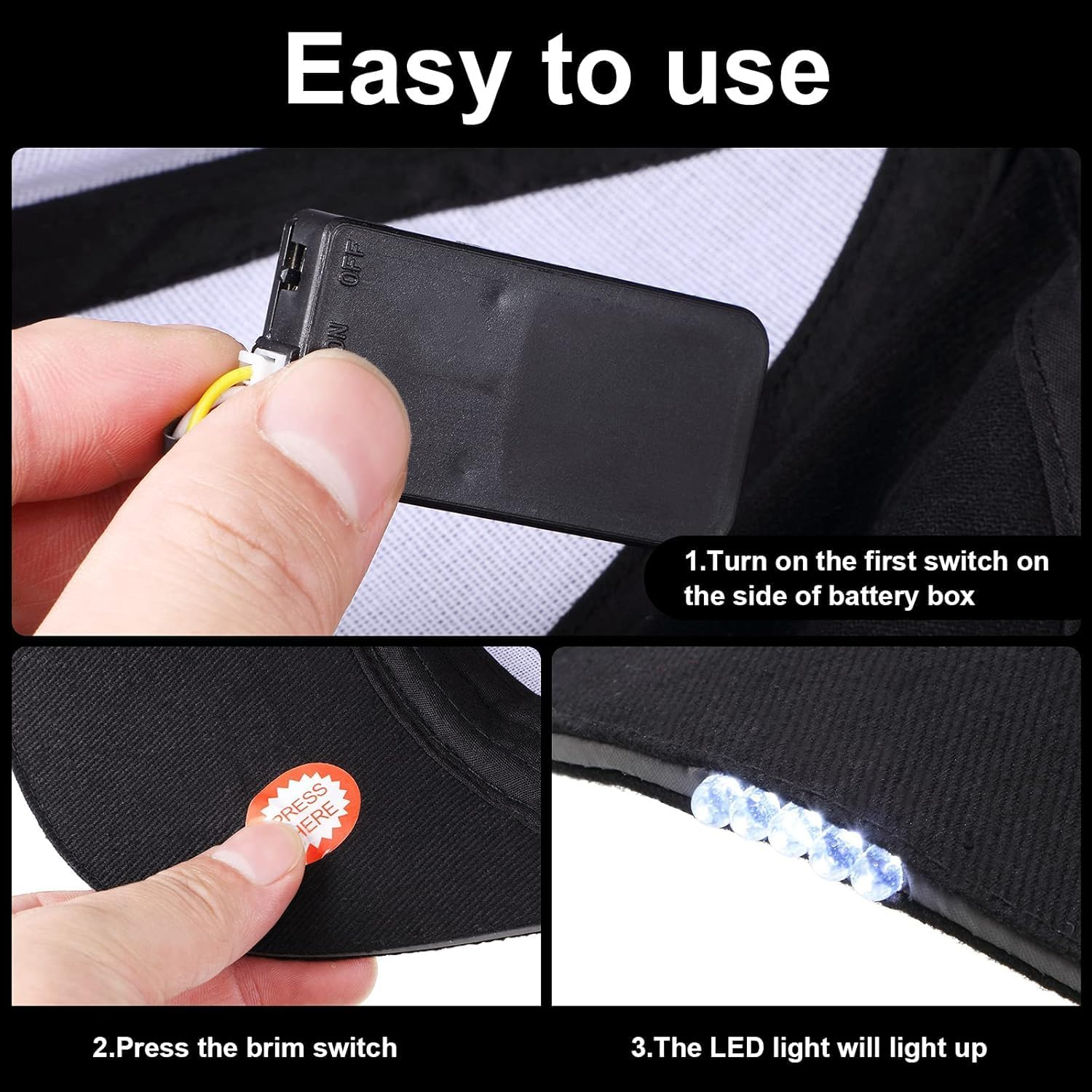 Hands-Free LED Baseball Cap 5 LED Battery-Powered Headlamp Hat, Featuring an LED Flashlight for Activities like Fishing, Jogging, Camping, and Manual Tasks. - Black image number 6