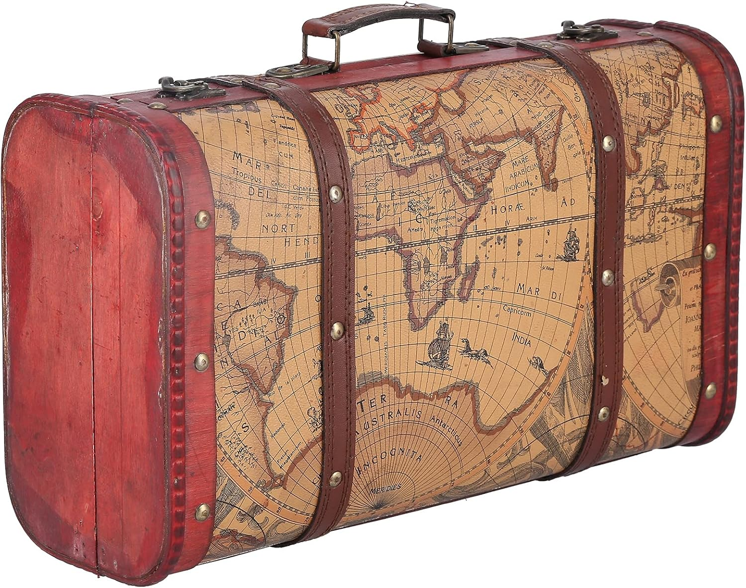 Vintage Suitcase Portable Wood Map Pattern Retro Storage Chest Home Decoration image number 4