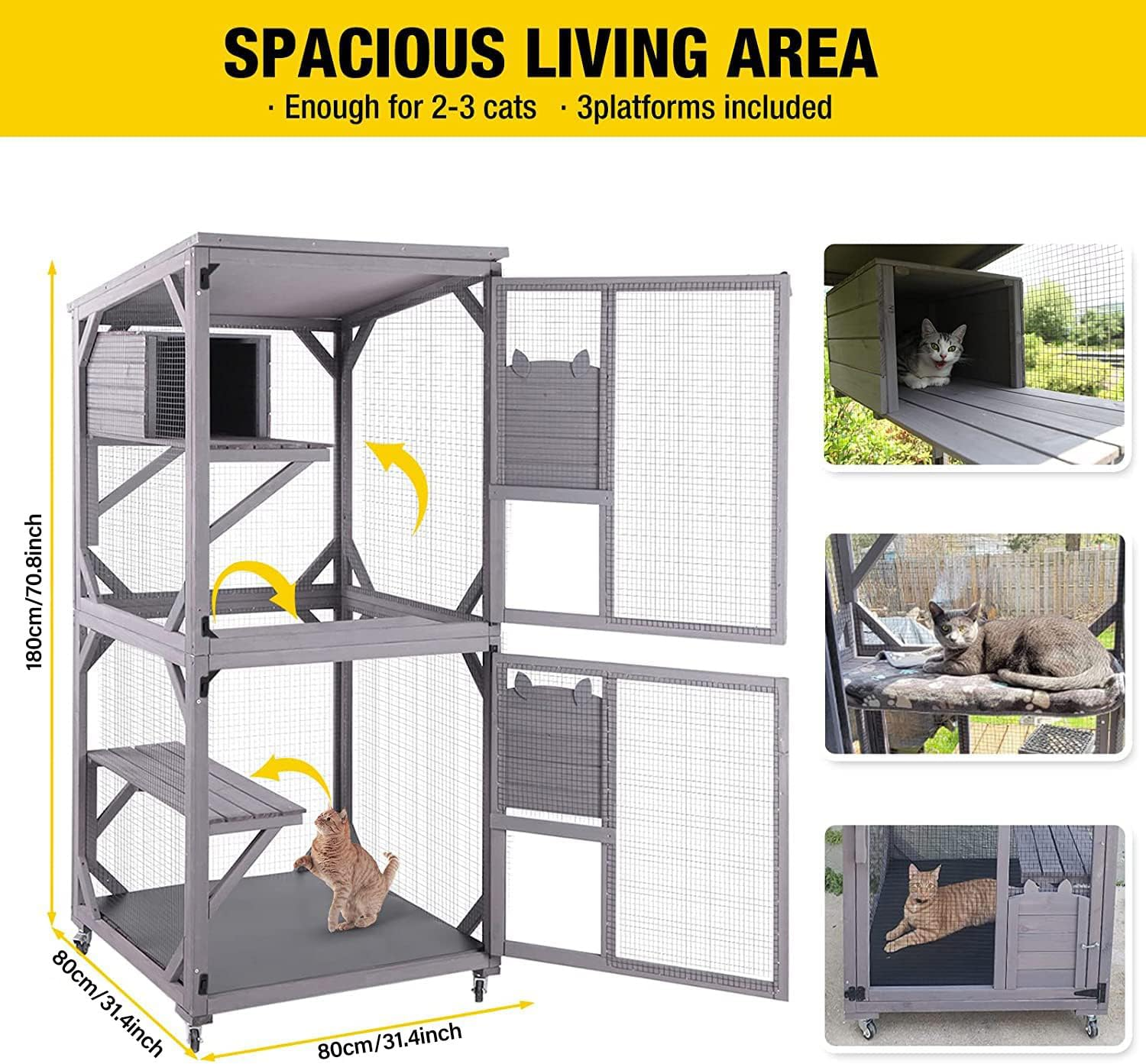 Wooden Cat House Outdoor and Indoor Run Large Cat Enclosure on Wheels 70.9" Upgraded Version Catio Cage with Reinforcement Wooden Strip,Waterproof Roof image number 3