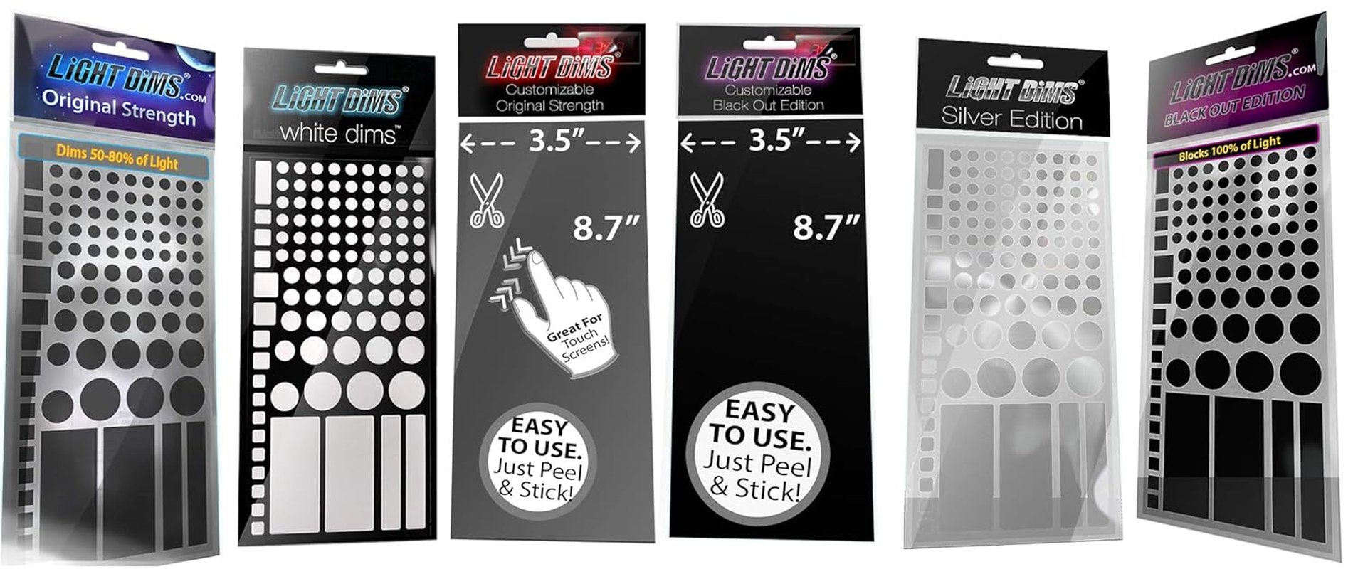 Lightdims Get All 6 Kinds. Every Kind of Light Dimming Sheet We Make. Original Strength, Black Out Edition, Silver Edition, White, Customizable Original Strength, & Customizable Black Out Edition image number 3