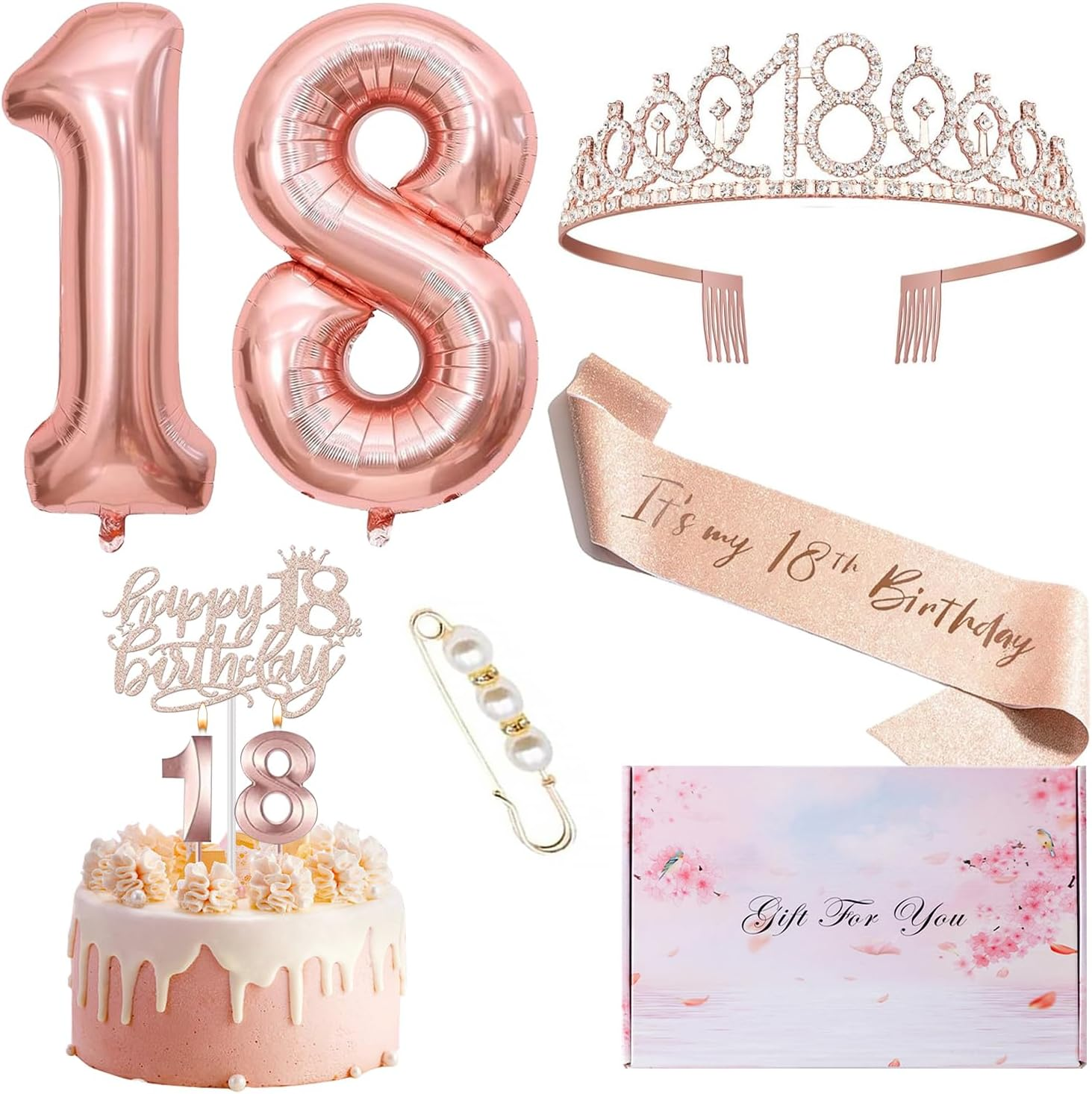 18Th Birthday Decorations, Happy Birthday Balloons, Crown and Sash, Cake Topper and Candles, Birthday Party Favor Supplies (18Th)