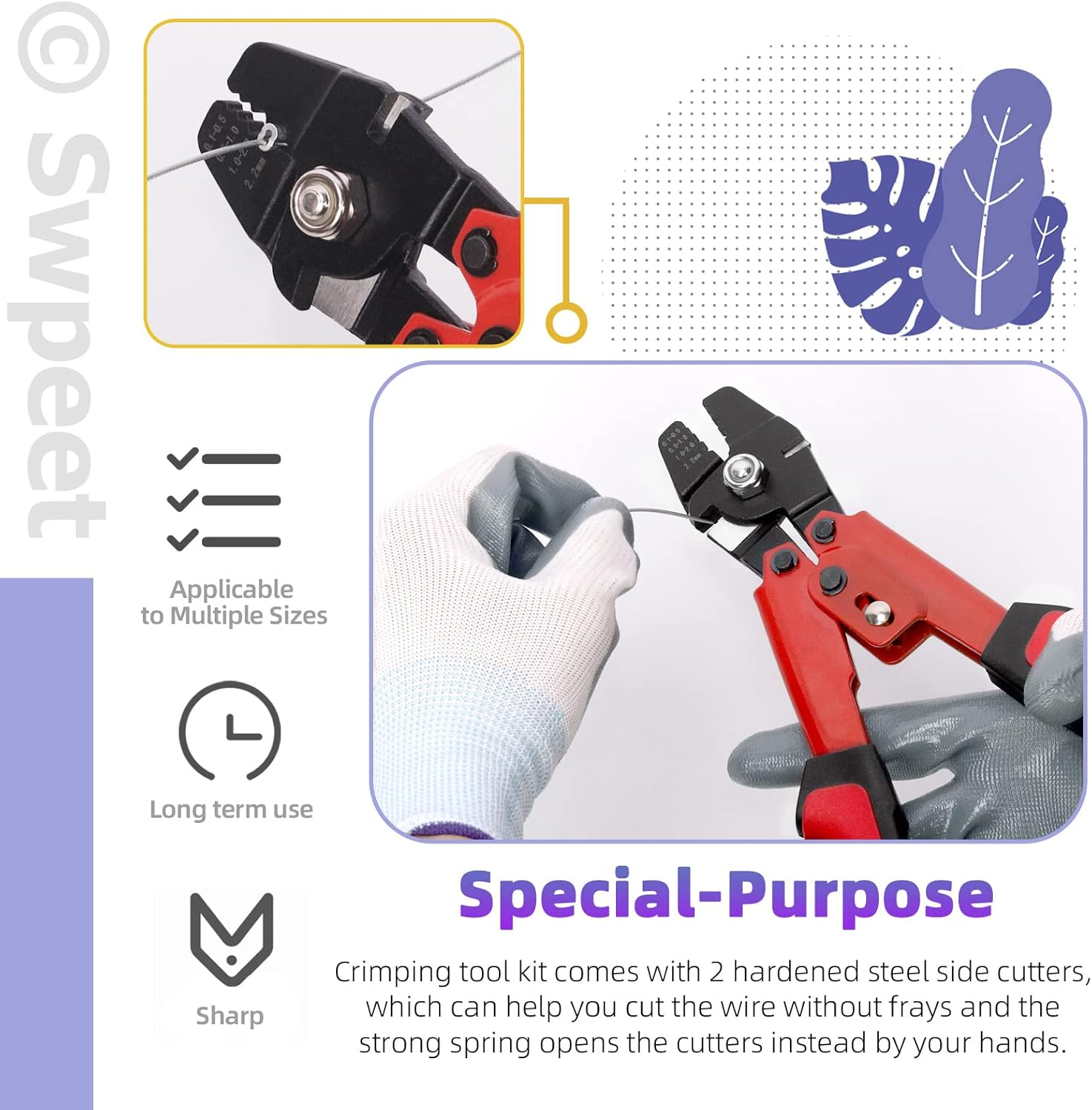 Swpeet 83Pcs Wire Rope Crimping Tool Set, Cable Crimps up to 2.2Mm and Cable Cutter up to 5/32", 3 Size Aluminum Double Crimping Loop Sleeve, 2 Size Stainless Steel Thimble and Cut Resistant Gloves image number 4