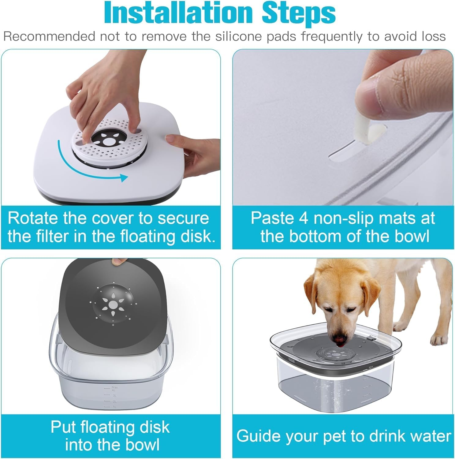 Dog Water Bowl 4L,135Oz No Spill Dog Bowl Large Capacity Slow Water Feeder with Carbon Filter, Splash Proof Pet Water Dispenser Vehicle Carried Travel Slow Drinking Water Bowl for Dogs, Cats (Grey) image number 6