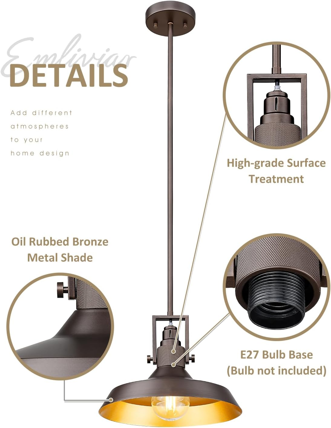 EMLIVIAR 2 Pack Farmhouse Hanging Lamps, 11.6" Pendant Lighting Fixtures with Dome Metal Shade for Kitchen Bedroom, Oil Rubbed Bronze Finish, AUJX18-MIL-2PK ORB - Gold - 1 Pack image number 7