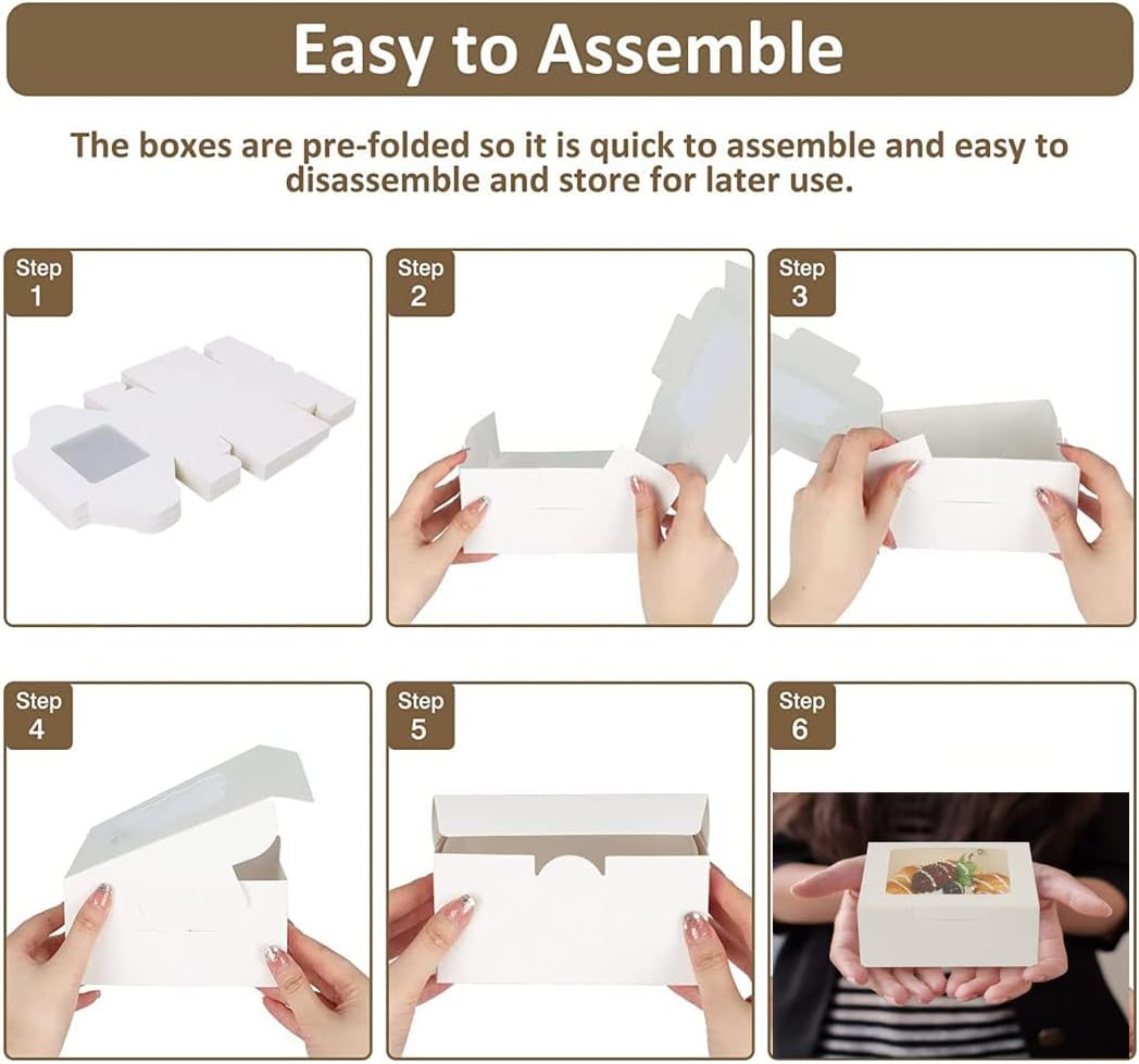 Idopick 30Pcs White Bakery Boxes with Window, 6 X 6 X 3 Inches, Extra Thick Small Cookie Boxes for Cookie, Macarons, Mini Treat Boxes for Holidays, Parties, Birthday Gift Giving (White) - White image number 5