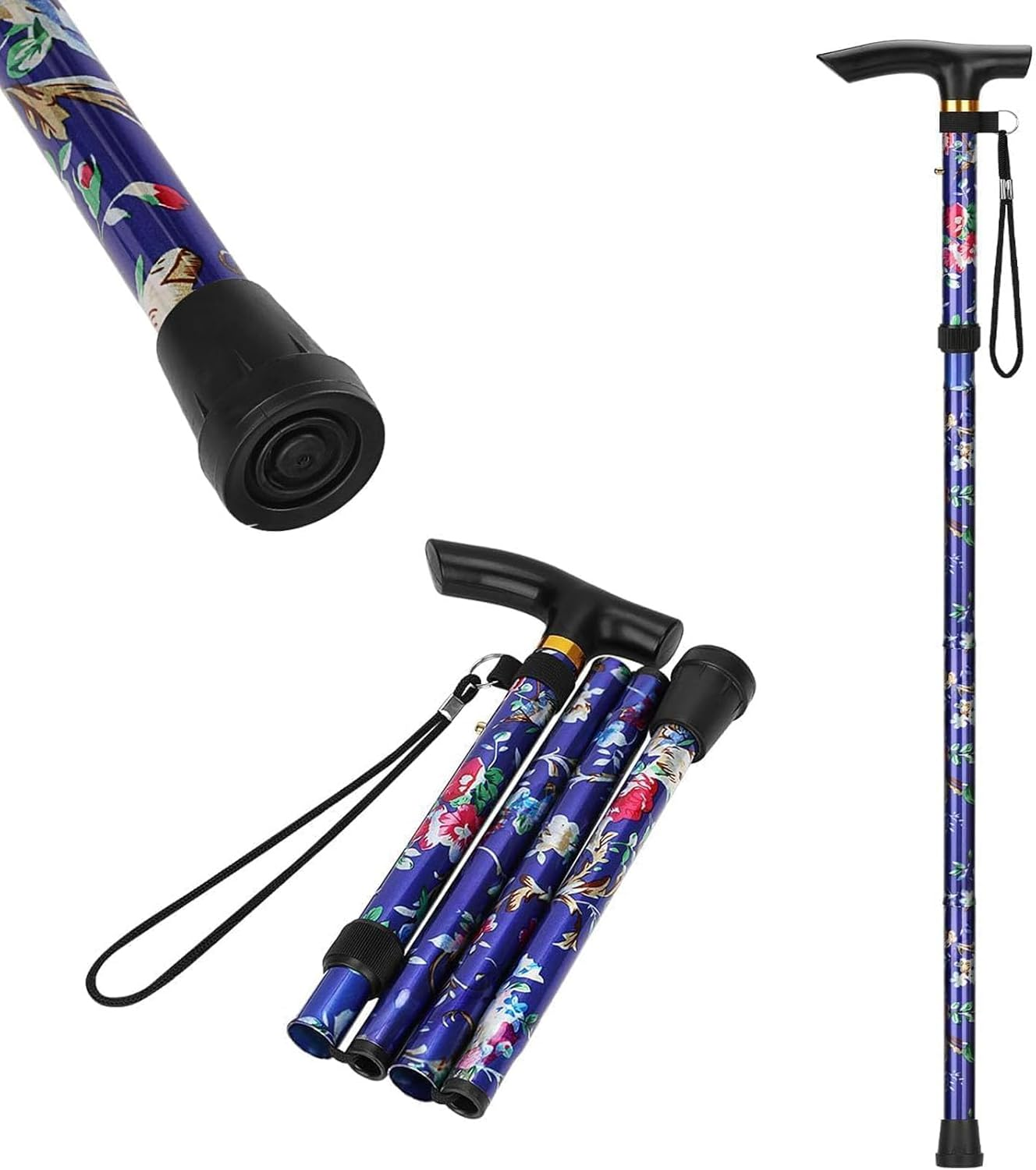 Adjustable Walking Stick,Lightweight Aluminium Hiking Stick with Ergonomic Handle,Folding Collapsible Trekking Poles, Travel Mountaineering Cane Black Climbing Stick