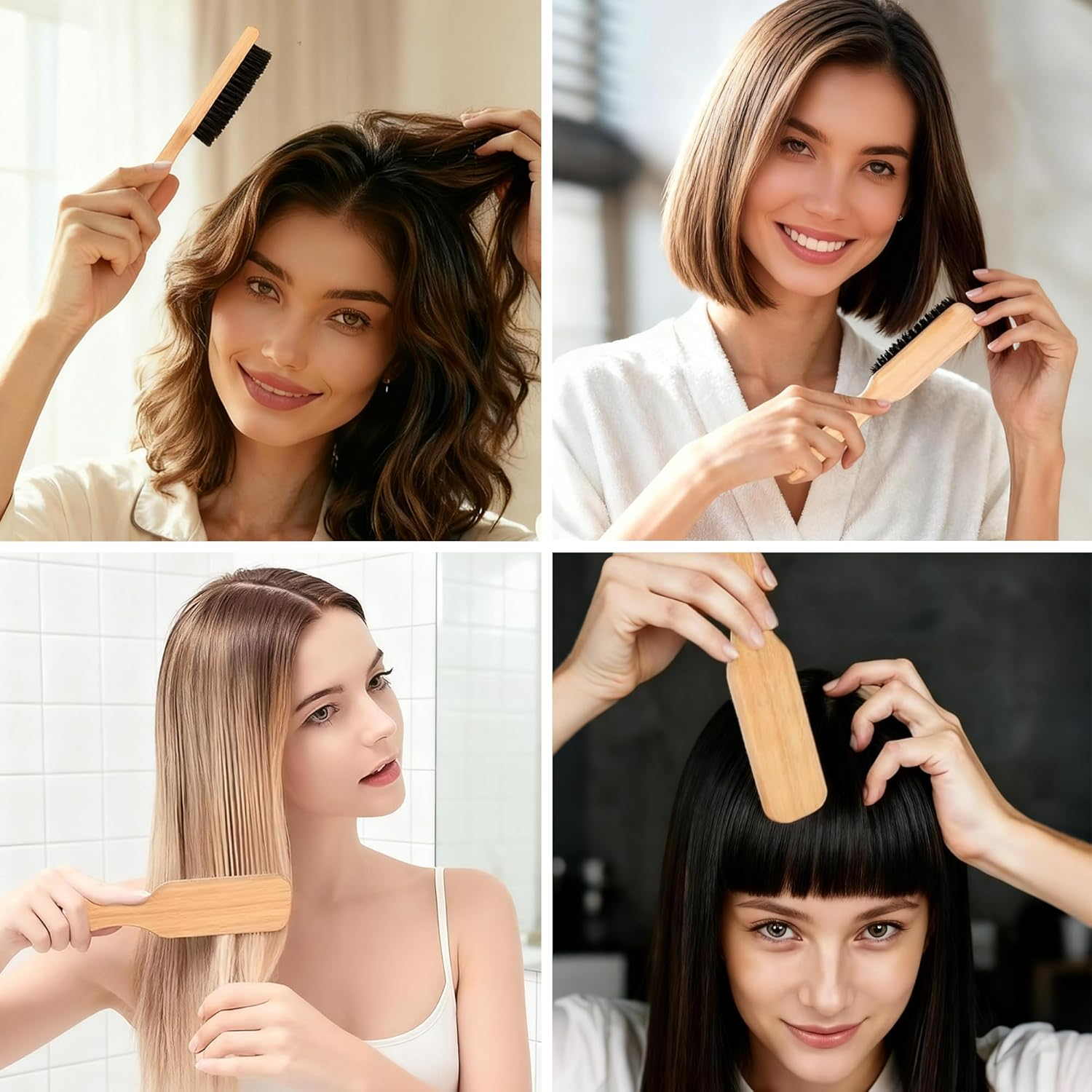 2-Pack Slick Back Boar Bristle Hair Brush, Anti-Static Wooden Handle Styling Brush for Men & Women, Slick Brushes for Hair & Beard Care (Large for Household & Small for Travel) image number 2