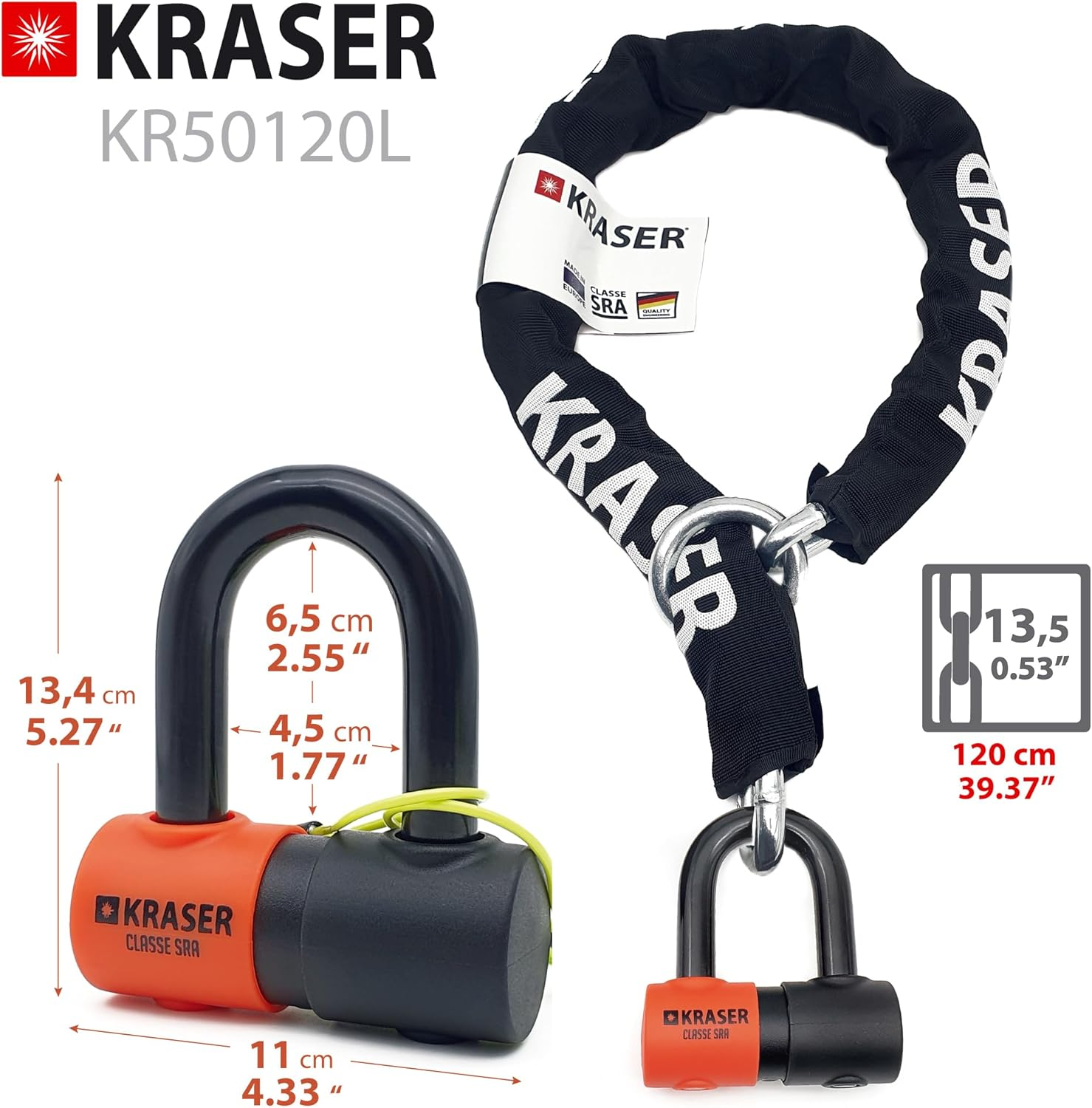 KRASER KR50120L Motorcycle Chain Lock Mini U Approved Padlock Massive Steel Heavy Duty &Oslash;0.53In, 3.9Ft Long, Loop Ring, Textile Cover, High Security Anti-Theft, Garage Anchor, Scooter Electric Bicycle image number 6