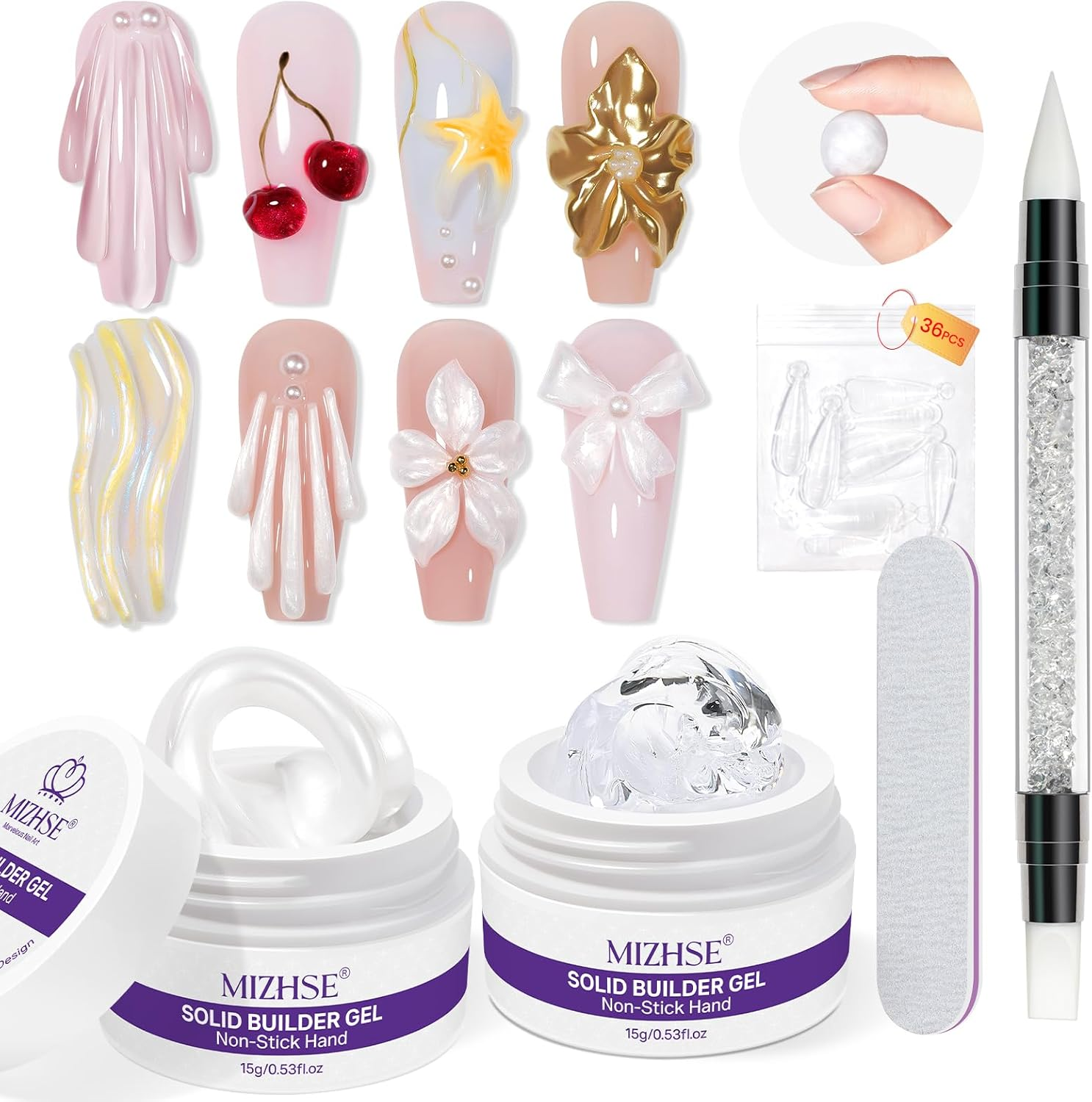 MIZHSE Solid Nail Builder Gel - Clear & Pearl White, 3D Nail Artgel, Non-Sticky Hard Gel for Sculpting, with Dual Form Silicone Pen for Carving & Decoration, Home DIY Manicure image number 1
