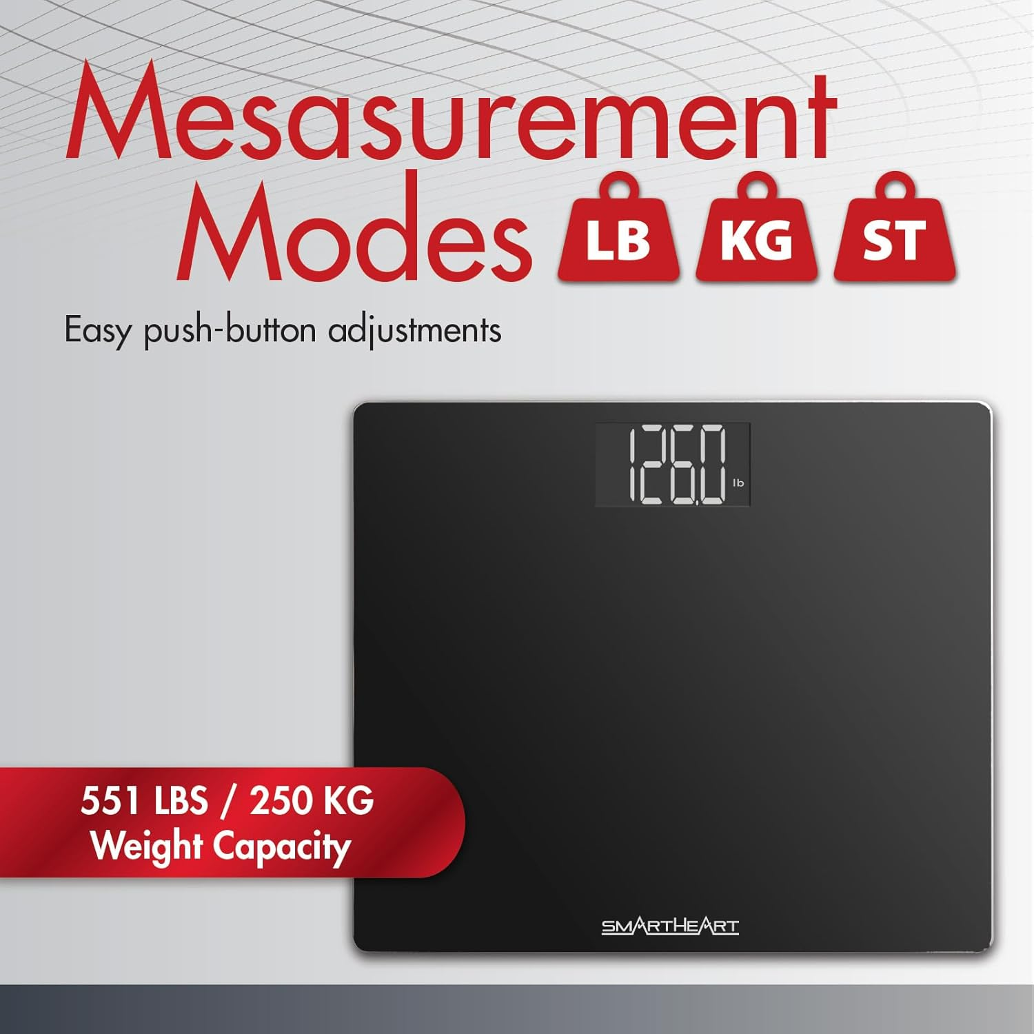 Smartheart Wide Platform Digital Weight Scale | 551 Lbs / 250 Kg Capacity | Tempered Glass Auto-On | Quick, Accurate Body Weight Measurements | Measurement Modes: LBS, KG or ST