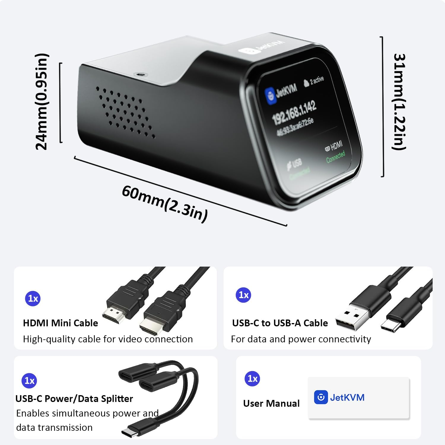 Jetkvm KVM over IP Computer Remotely Control, Jet IPKVM Open-Source Touchscreen LCD for IP/MAC/HDMI/USB Status, KVM Switch for Home Offices & Data Center 1080P 60FPS Ultra-Low Latency image number 4