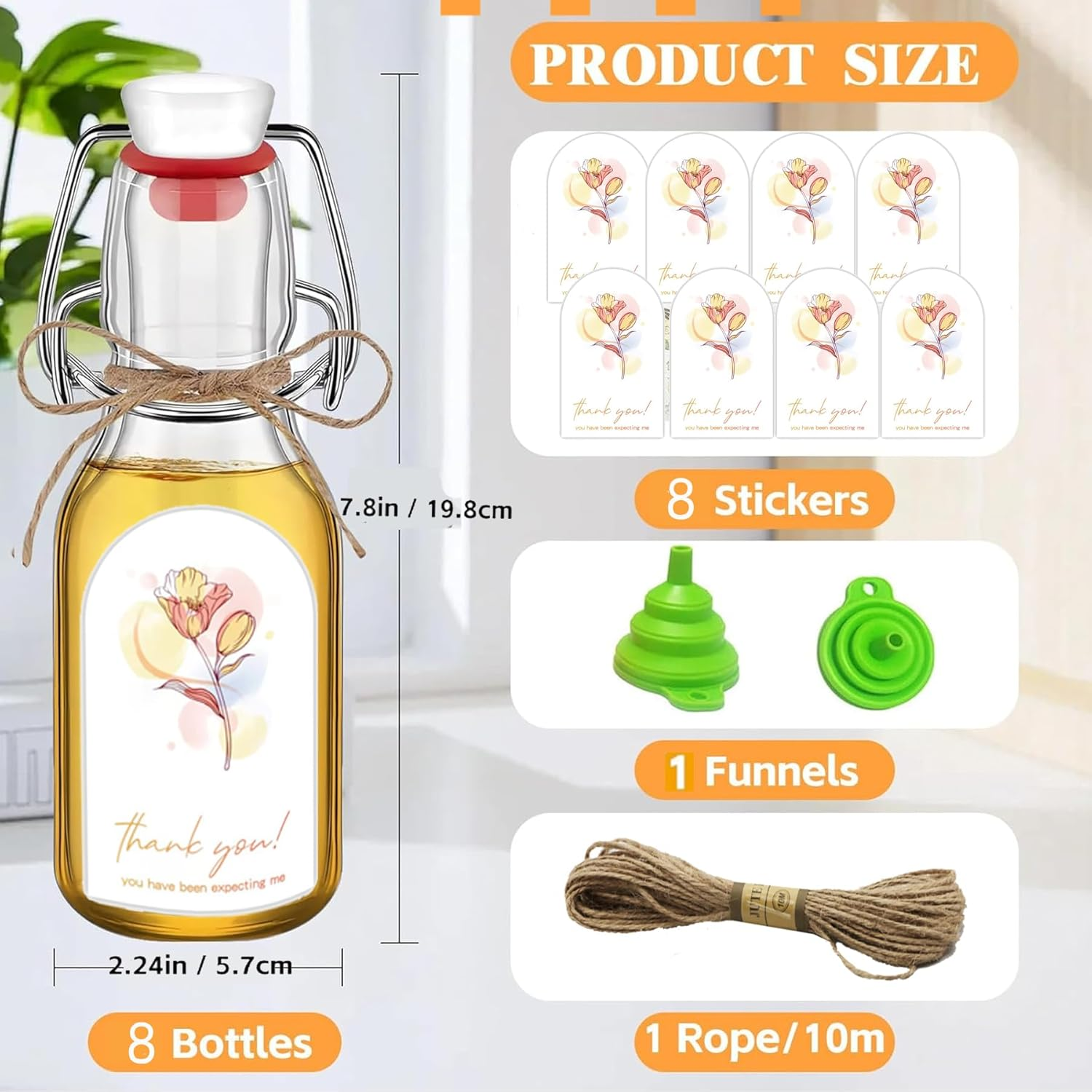 8 Pcs 8 Oz Swing Top Glass Bottles with Flip Airtight Lids Stickers Caps Funnel Rope Labels for Vanilla Extract, Home Brewing, Kombucha, Beer, Oil, Vinegar, Kefir, Limoncello, DIY Gifts & Presents image number 4