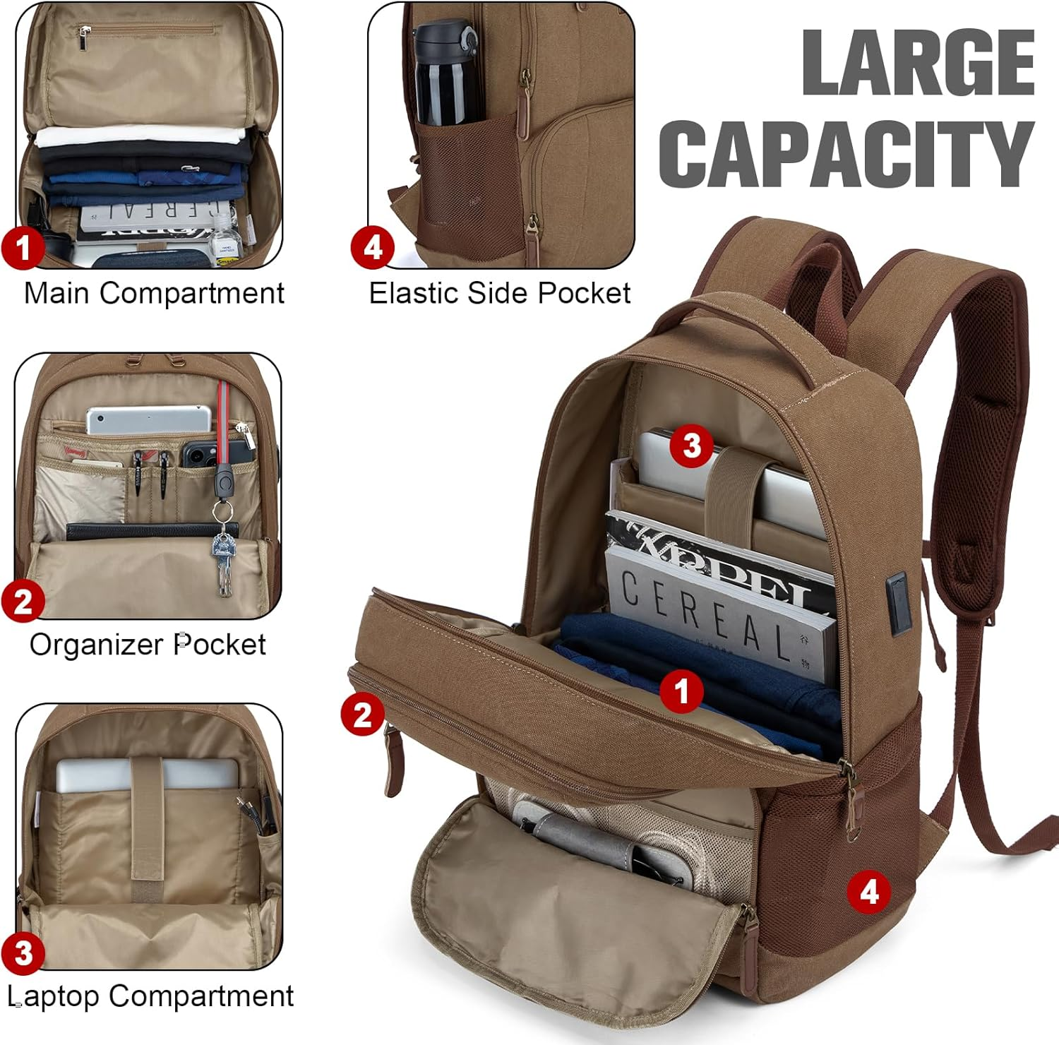 Tzowla Canvas Laptop College Backpack for Men and Women,Travel Work Vintage Rucksack with Usb/Type-C Charging Port,Lightweight Bookbag Hiking Casual Daypack Backpacks Fit 15.6 Inch Notebook image number 6