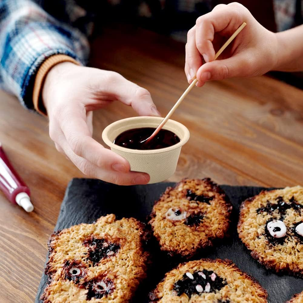 Leonbach 100 Pack Natural Bagasse Fiber Bowls 2Oz Disposable Paper Cups Microwavable Safe Sample Snack Charcuterie Serving for Sauce Portion Ice Cream Pet Food Desserts image number 2