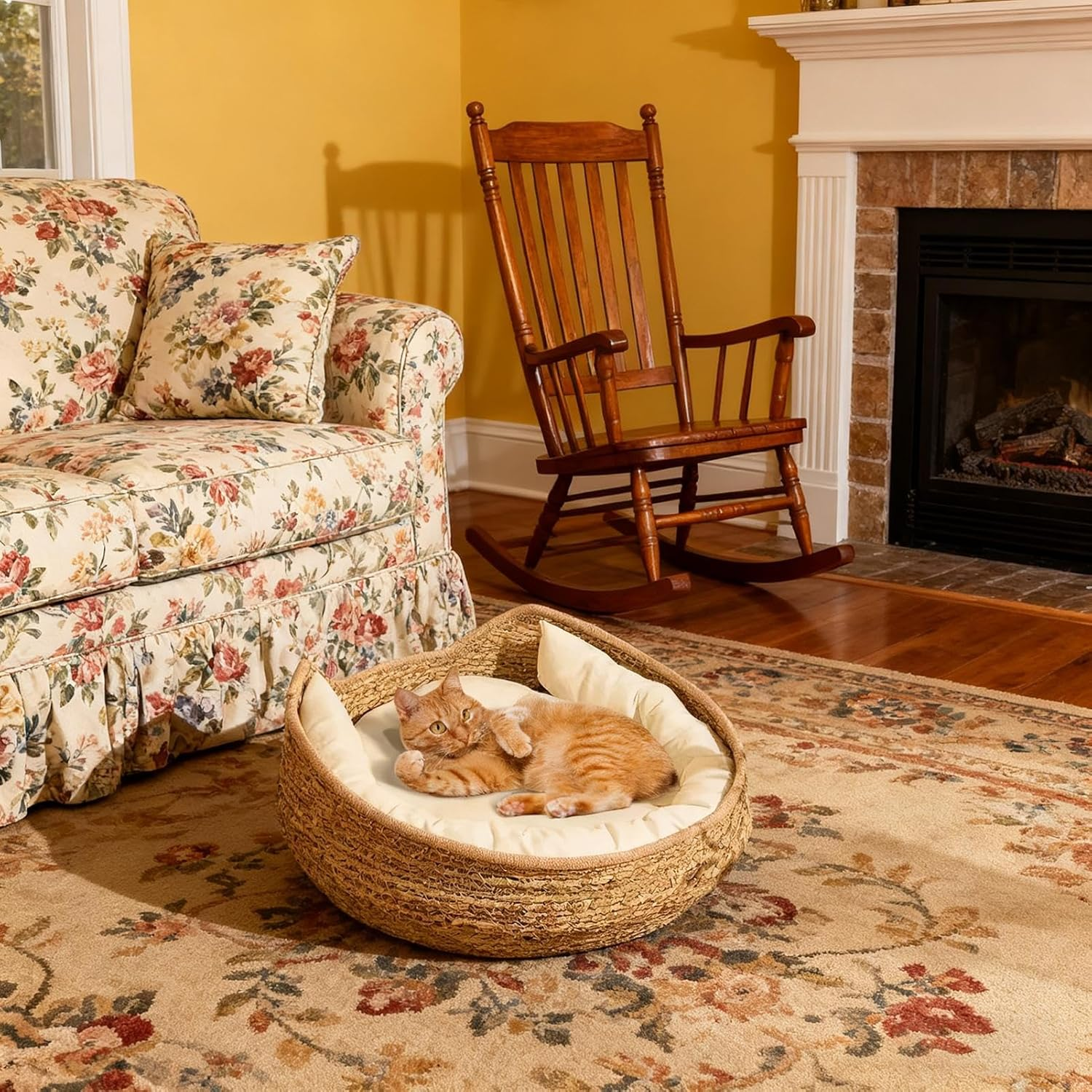 Cat Basket Bed - Woven Cat Bed Basket with Cushion and Pillow - All Season Weaving Pet Sleeping Resting Scratching Furniture for Puppy Dog Kitten image number 1