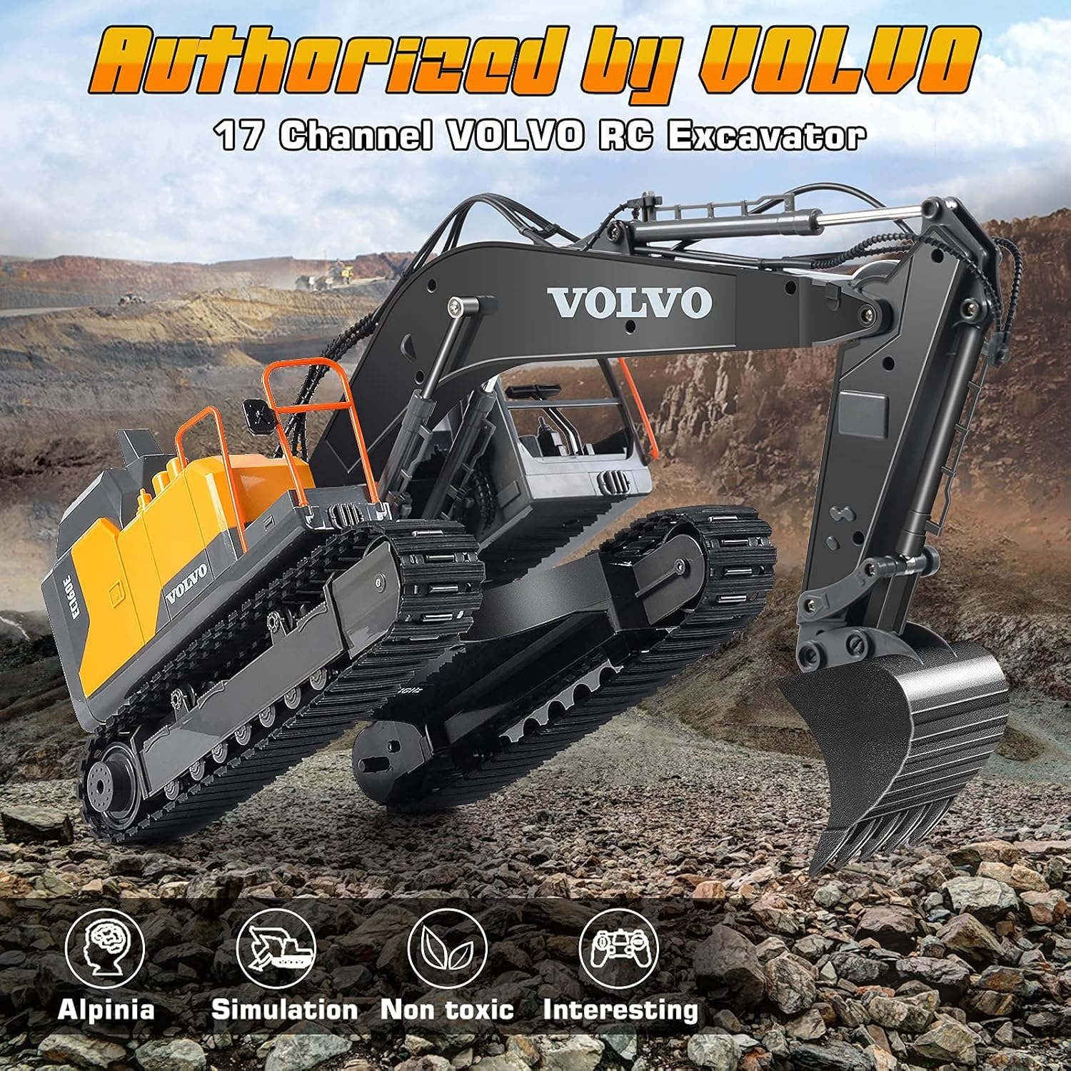Volvo RC Excavator 17 Channel RC Truck with 2 Rechargeable Batteries Full Functional Remote Control Excavator Construction Tractor image number 5