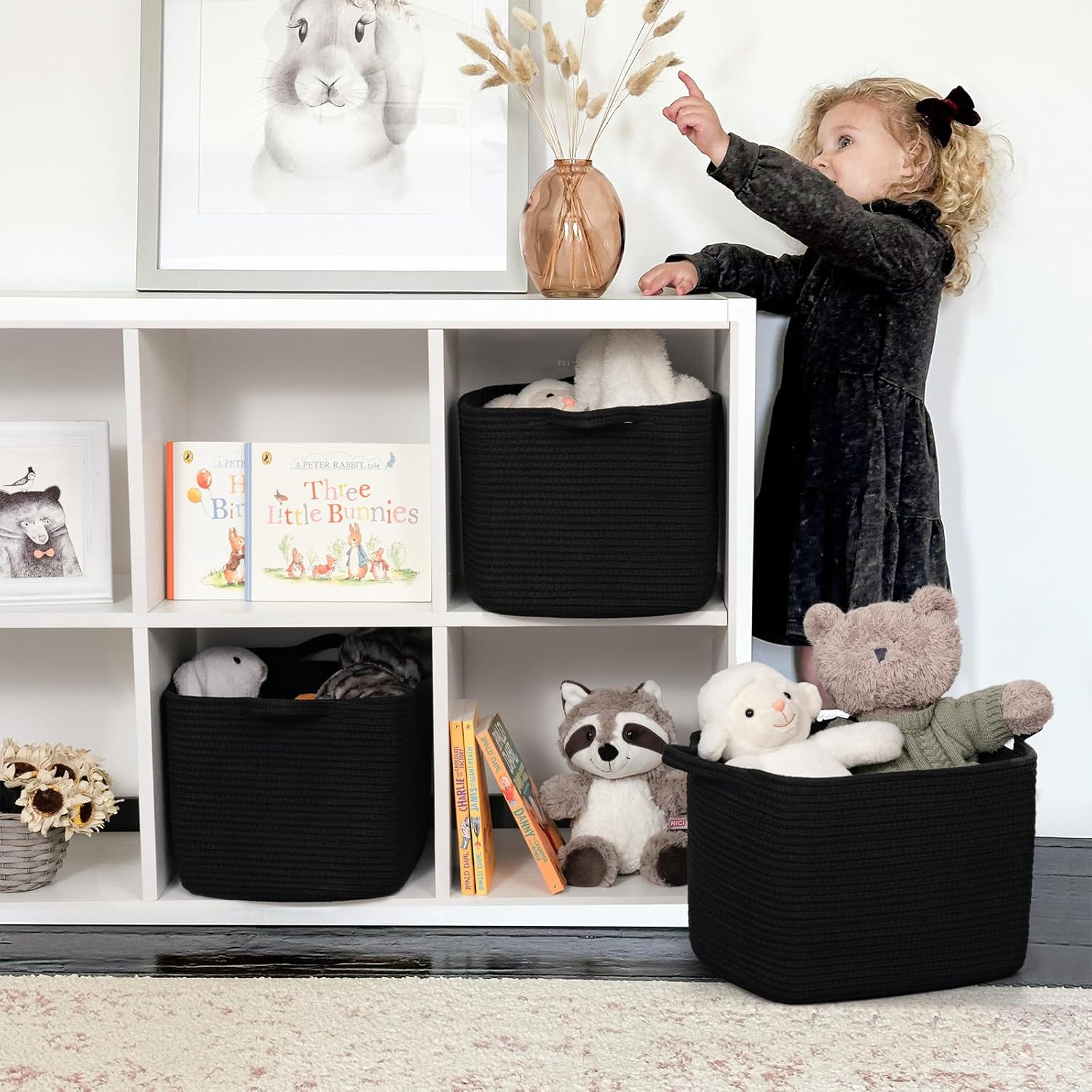 INDRESSME Woven Storage Basket, Black Baskets for Gifts, Nursery Toy Basket, Rope Baskets for Organizing, Shelf Storage, Multi-Purpose Organizer for Shoes, Clothes, Towels, Laundry 13 X 10 X 9 Inches