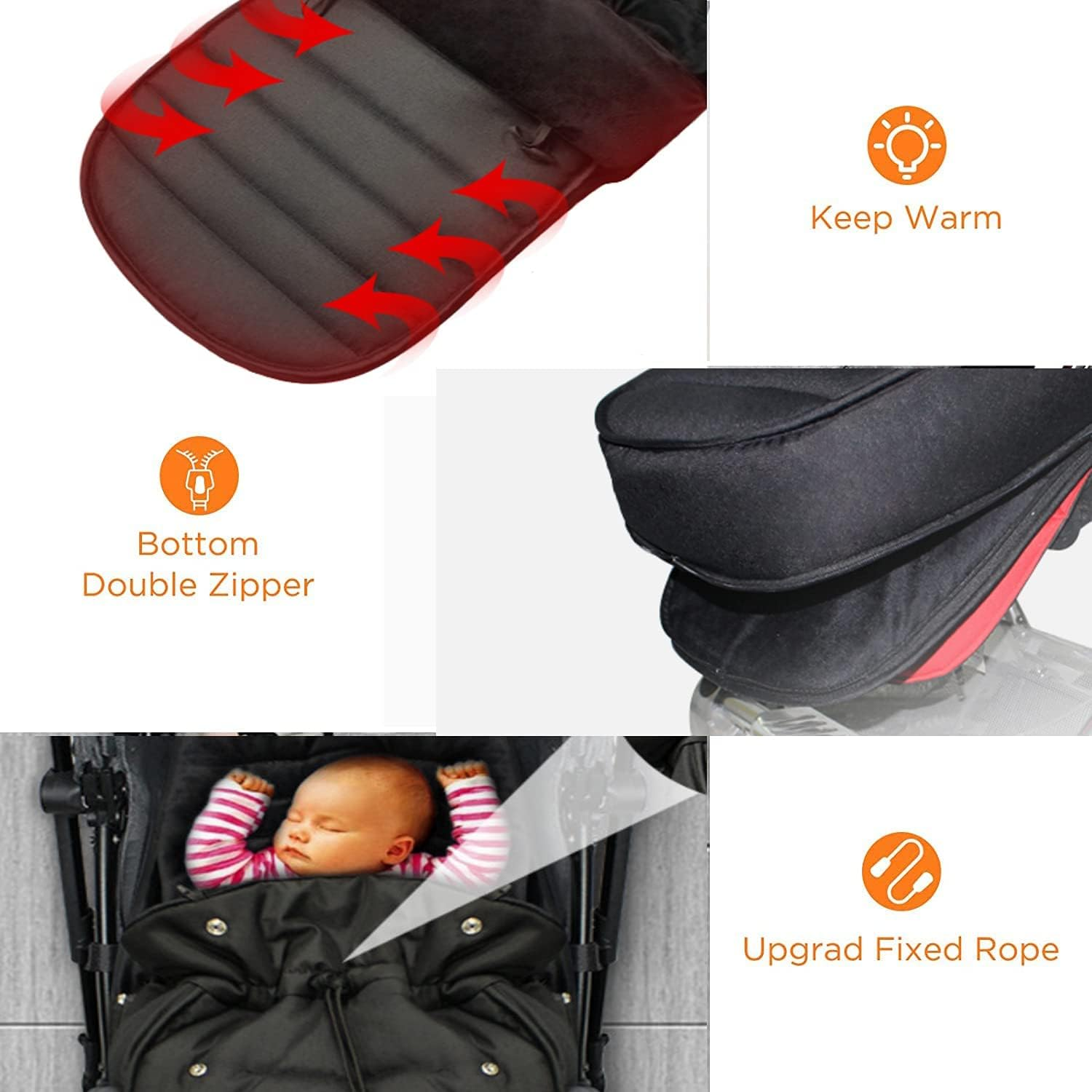Footmuff, Universal Footmuff for Pushchair Waterproof and Windproof Fleece Lined Stroller Pram, Black image number 3