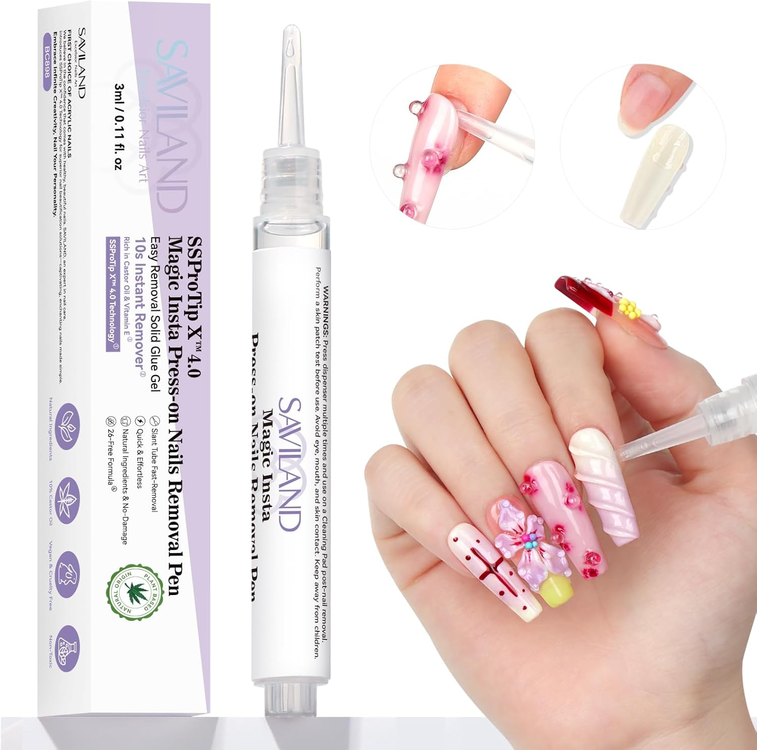 SAVILAND Pro Nail Glue Remover Pen 3 Ml: 10S Quick Removal Gel Remover for Nails with Vitamin E Castor Oil Natural Ingredients Press on Nail Remover for False Nails Solid Glue Gel Removal Home image number 1