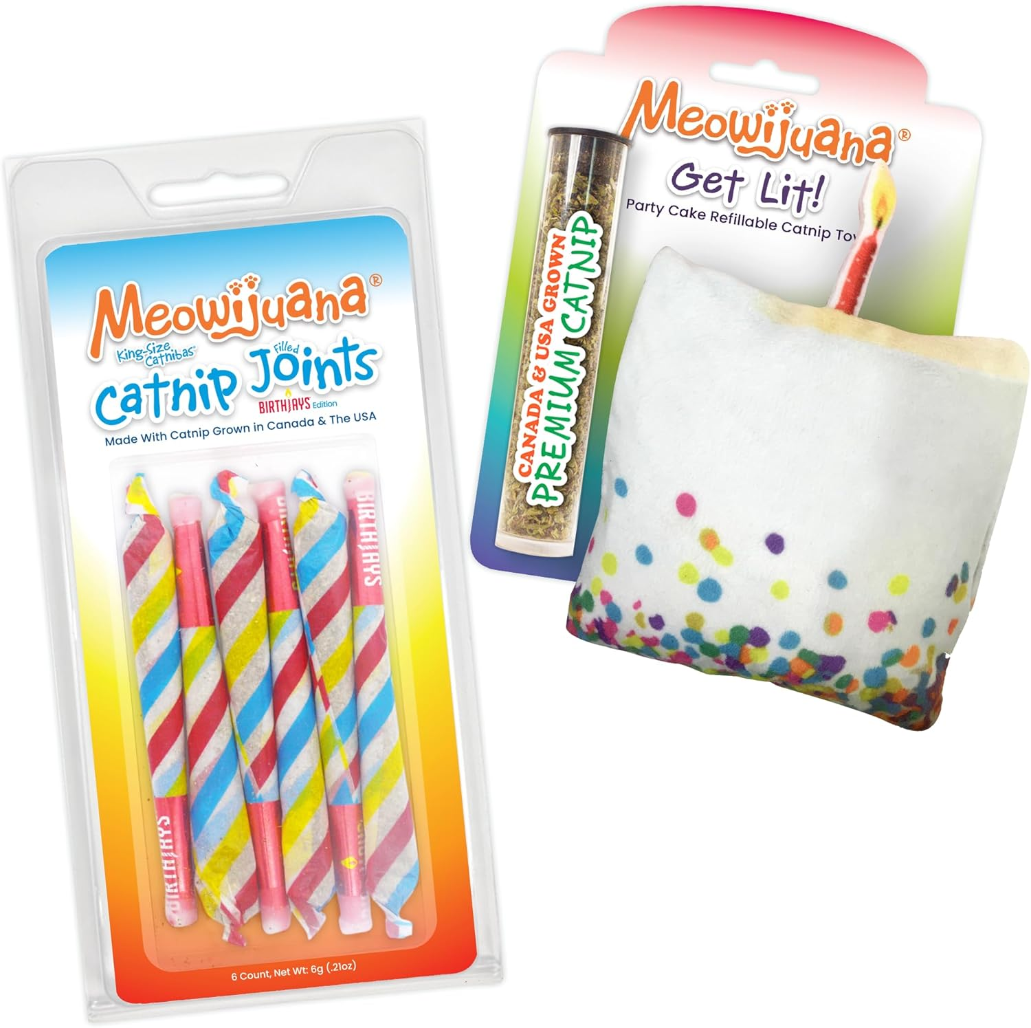 Meowijuana Birthjays Bundle | Birthjays Catnip Joints and Get Lit Cake Refillable Toy | Hand Harvested and Rolled Dried High Potency Catnip | Grown in North America image number 2