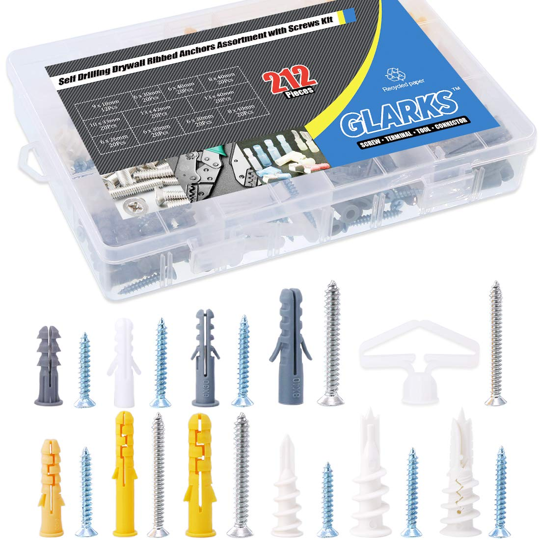 Glarks 212Pcs Phillips Flat Head Self Tapping Screws and Ribbed Anchors Assortment Screws Kit image number 1