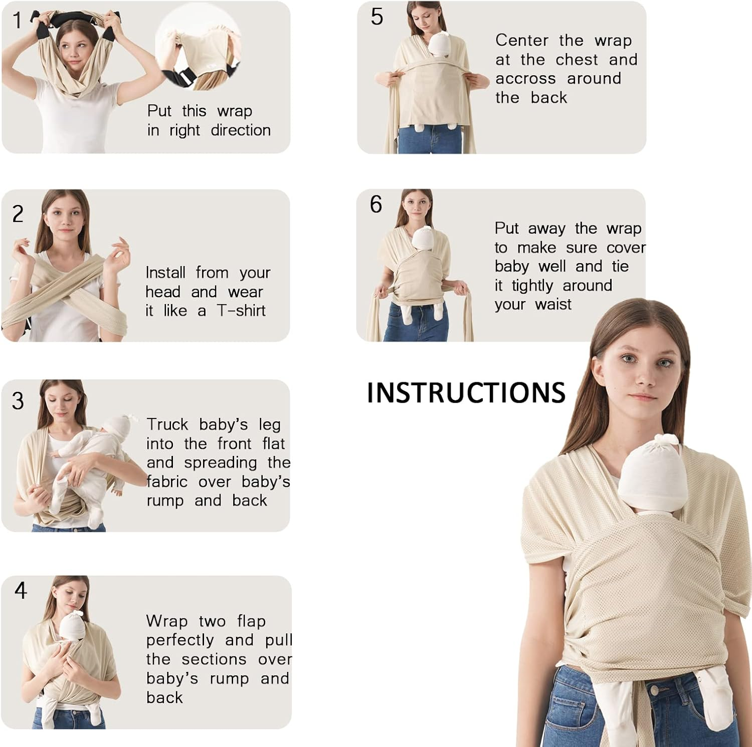 Hilabab Baby Warps Carrier,Softness Organic Cotton,Breathable Adjustable Strap Baby Hold Carrier for Newborn up to 40 Lbs (Air-Mesh Grey) image number 6