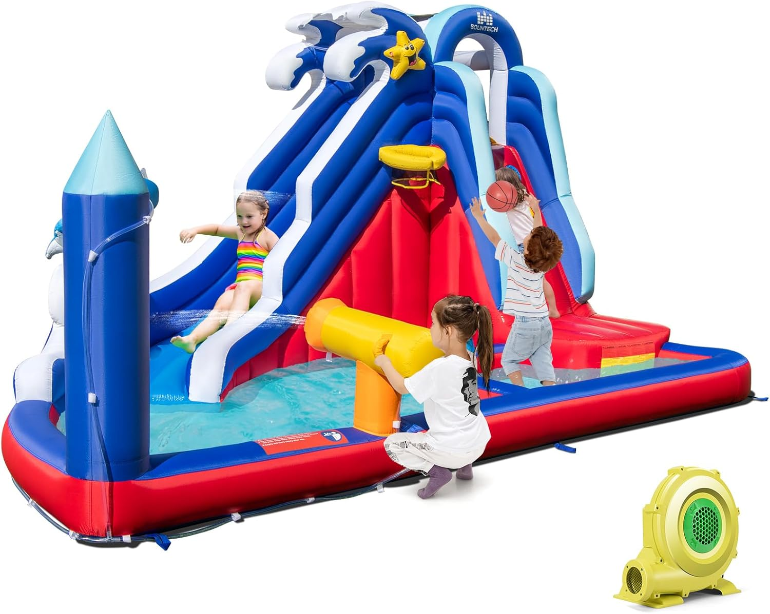 HONEY JOY Inflatable Water Slide, Dolphin Theme Kids Bounce House Water Park W/Long Slide, 2 Splash Pools, Climbing Wall, Water Gun, Basketball Rim, Ring-Toss, Outdoor Jumping Castle with 680W Blower image number 4