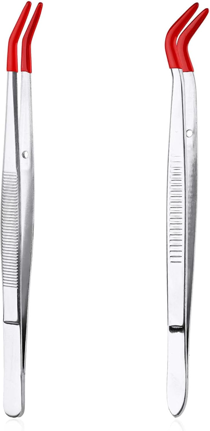 XIHIRCD 2Pcs Bent Tweezers with Rubber Tips, Curved Tip Tweezers, Stainless Steel, Compact, Red, Black