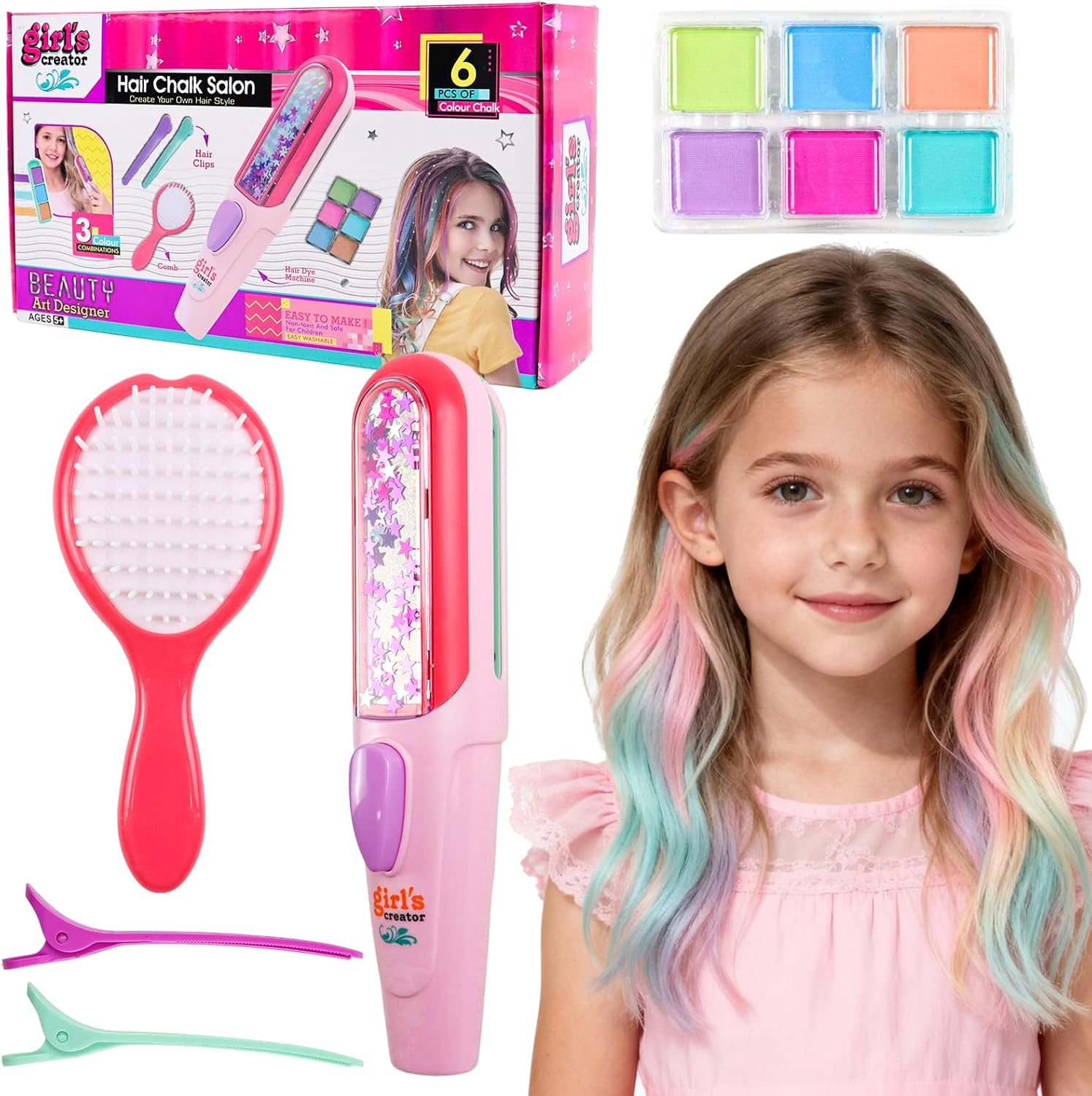 PIWOSGOL Hair Chalk for Girls Set, 6 Washable Colours Hair Chalk for Children with Hairpins, Combs and Hair Dye Pens, Creative Birthday Gift for Children 5 6 7 8 9 10 11 12 Years image number 4