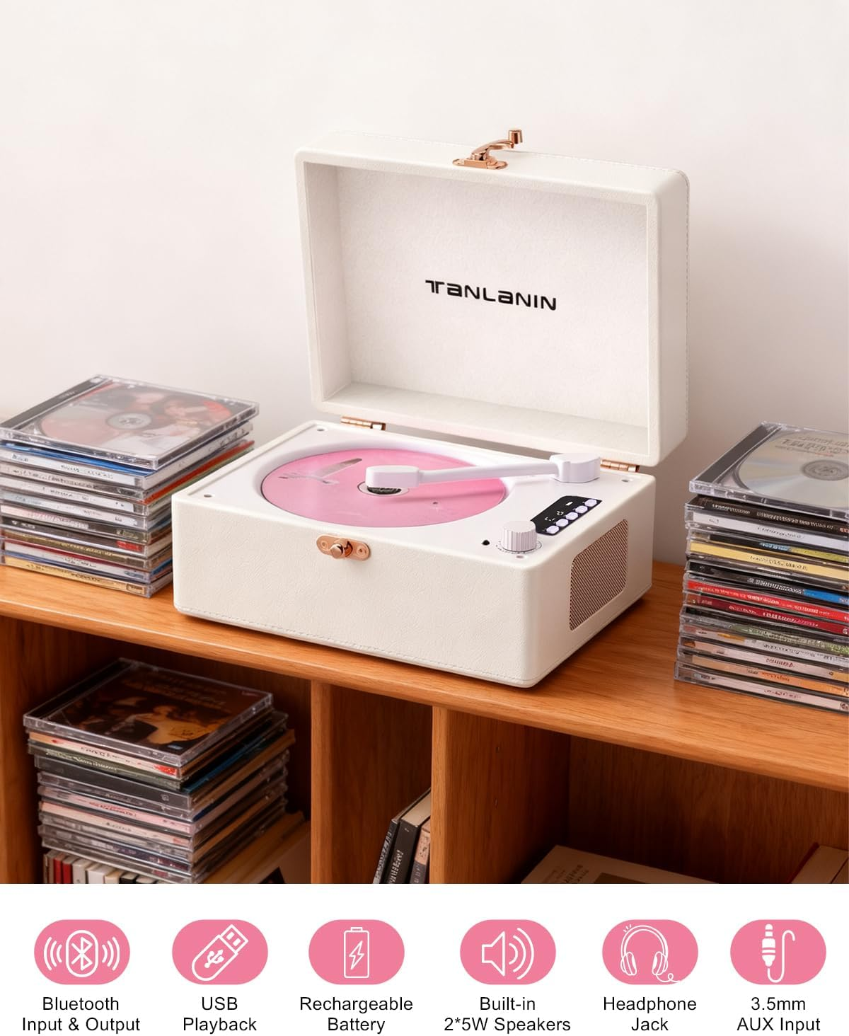 Vintage Desktop CD Player with Speakers, Rechargeable Battery, Portable Retro Suitcase CD Player for Home with Bluetooth Out & Input, USB Playback, Aux-In, Headphone Jack, White image number 1