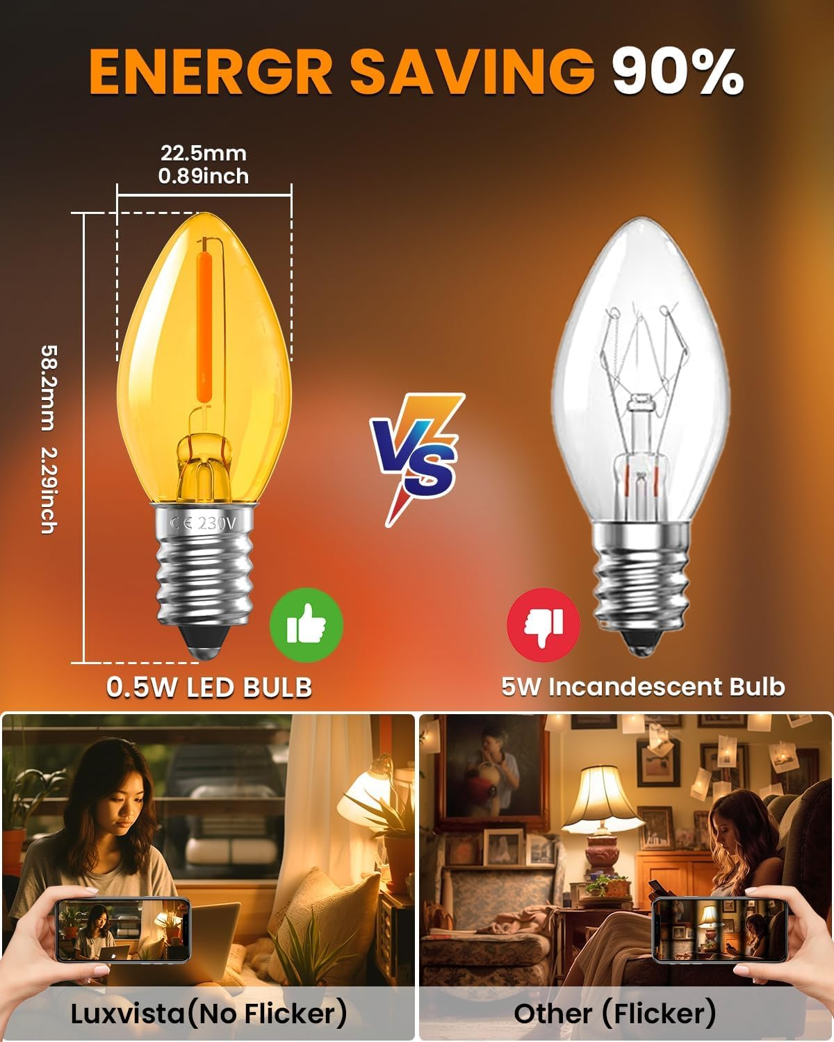 Brightark 0.5W E14 LED Vintage Light Bulb Warm White,C7 Salt Lamp Bulb Candle Small Edison Screw SES Low Watt Light Bulb,2000K Orange Amber Glass Night Light Bulb, Non-Dimmable, 2-Pack image number 1