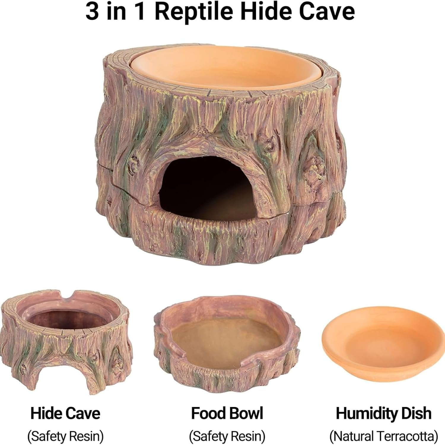 Cozioz 3-In-1 Reptile Hide Cave with Detachable Base & Humidity Dish - Essential Tank Decor for Small Reptiles, Crested Geckos, Leopard Geckos, Lizards, Snakes, and Crabs image number 1