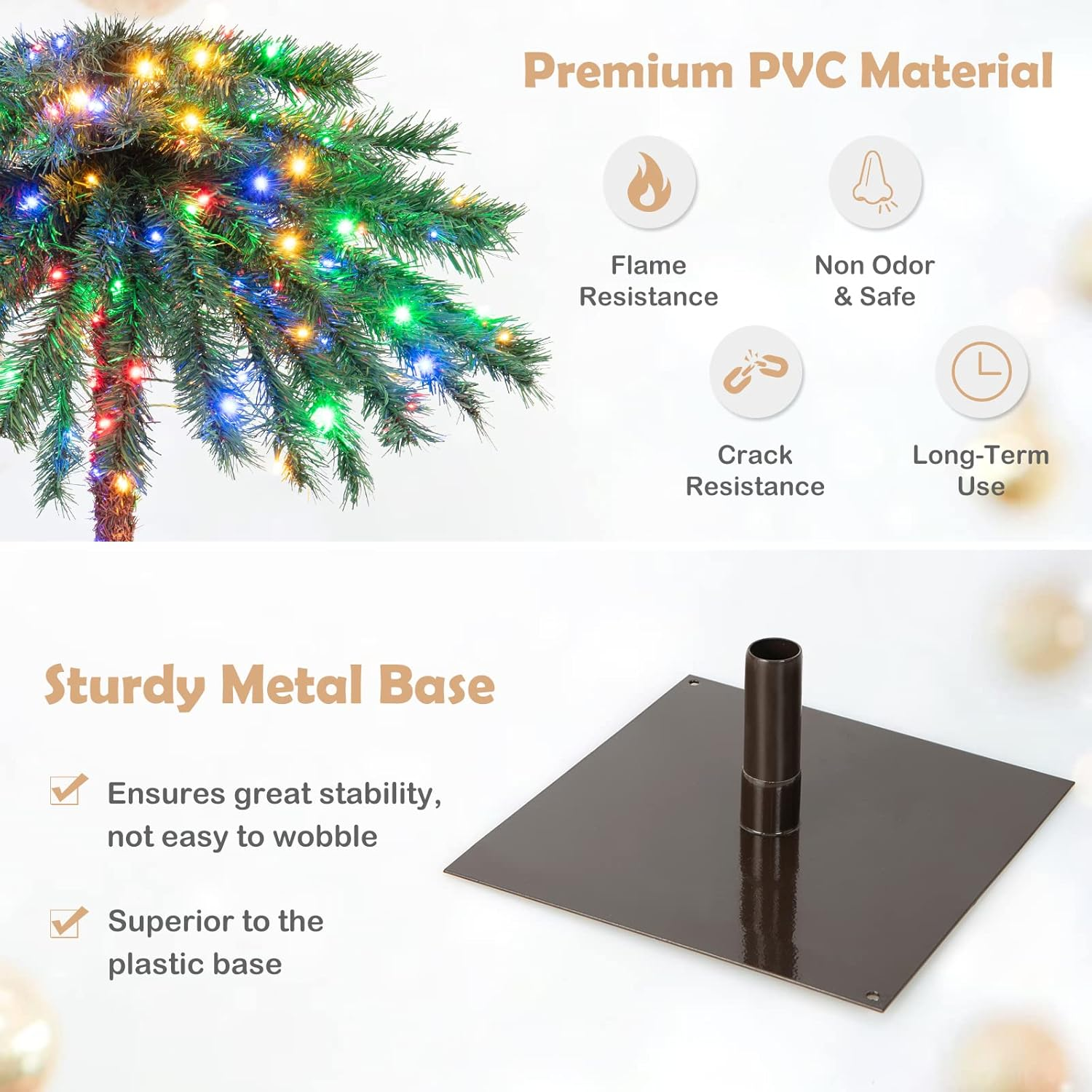 Costway 2 in 1 1.8M Artificial Palm Tree W/ 64 PVC Branch Tips & 210 Four-Color LED Lights, Pre-Lit Decoration Tree for Christmas, Xmas Celebration Tree for Home, Office & Carnival, 2 Pairs of Gloves image number 3