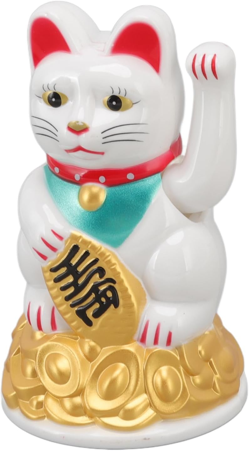 Jiawu Lucky Fortune Cat, Maneki Neko, Feng Shui Lucky Cat Ornament, Battery Operated Gold Fortune Cat Hand Waving Wealth Welcoming Cat Sculpture for Home Decoration Gift Giving (4.5In White)