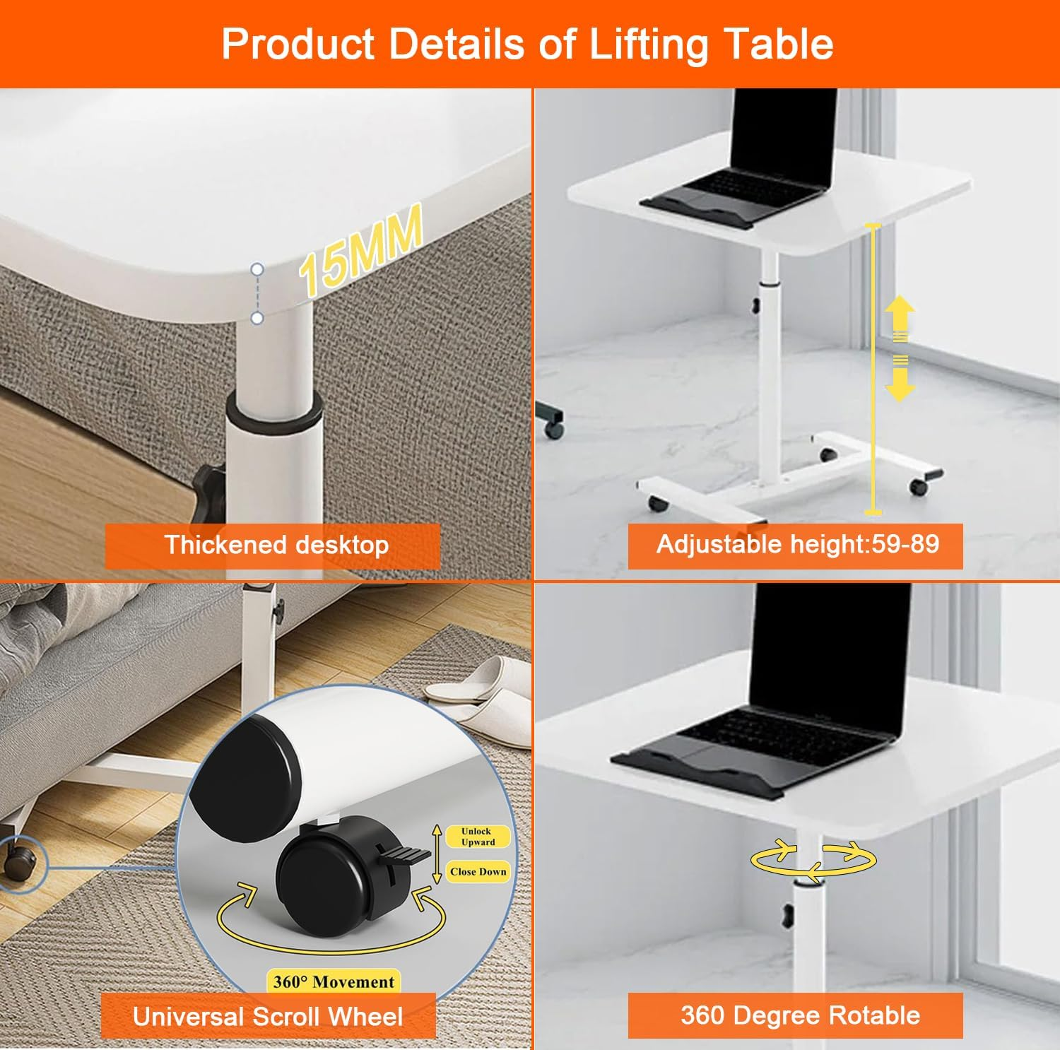 Mobile Overbed with Wheels, Height Adjustable Laptop Table with Shelf, Portable Home Office Desk Mobile Laptop Computer Standing Desk Cart with Tray for Work Study Reading image number 6