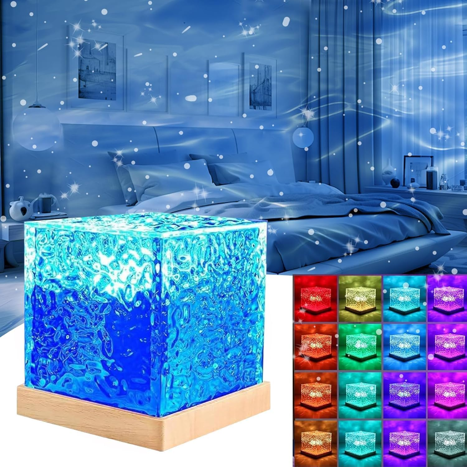 Northern Lights Lamp, Cube Ocean Water Ripple Projector, 16 Colors Rotating Flame Lamp Dynamic Ripple Effect for Bedroom, Office, Bar, and Restaurant Decor (Square) image number 6