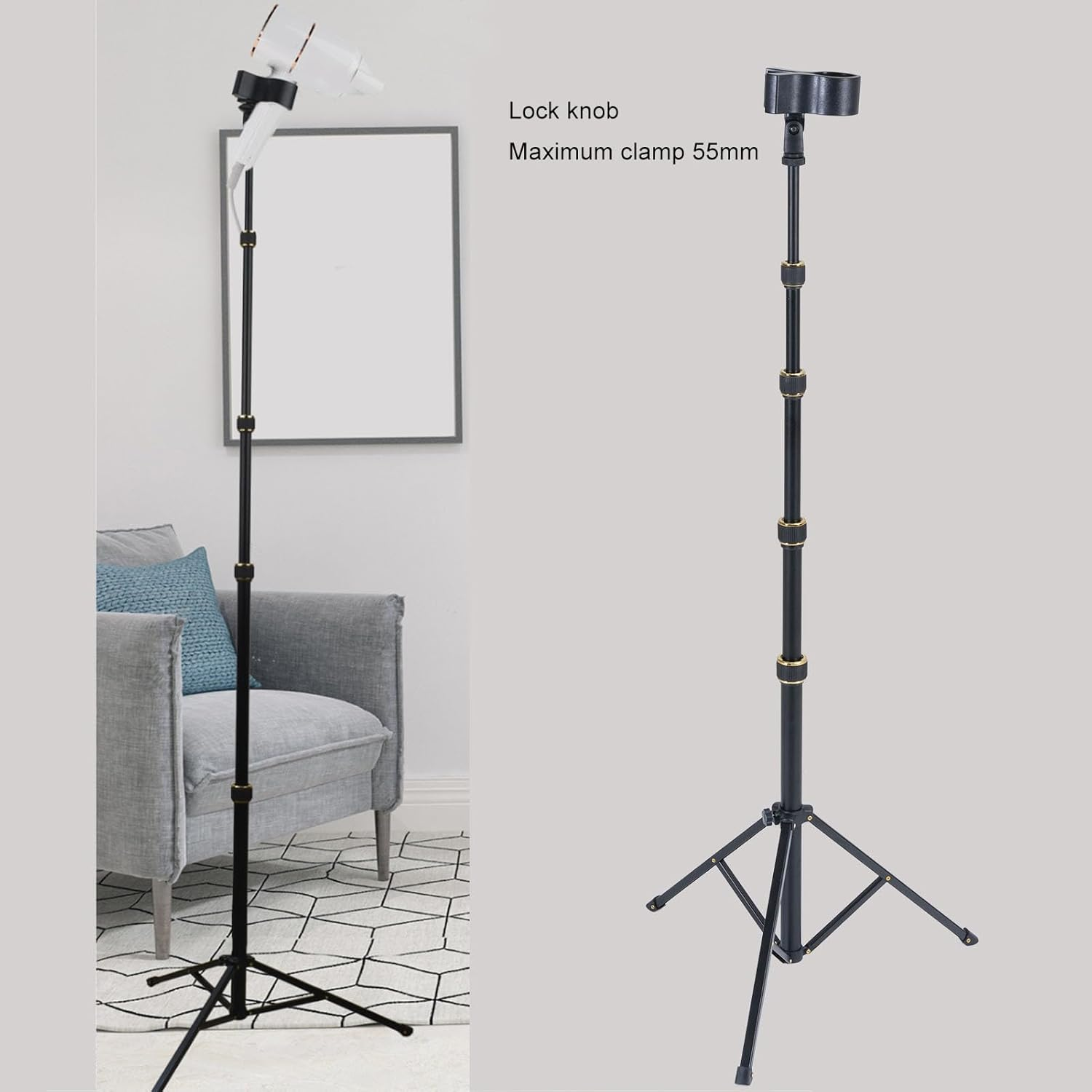 Hair Dryer Stand, 23.62-76.77 Inch Adjustable Height Hair Dryer Holder with Tripod and Universal Clip, 180 Degree Rotating Handsfree Blow Dryer Holder for Salons or Home Use image number 6