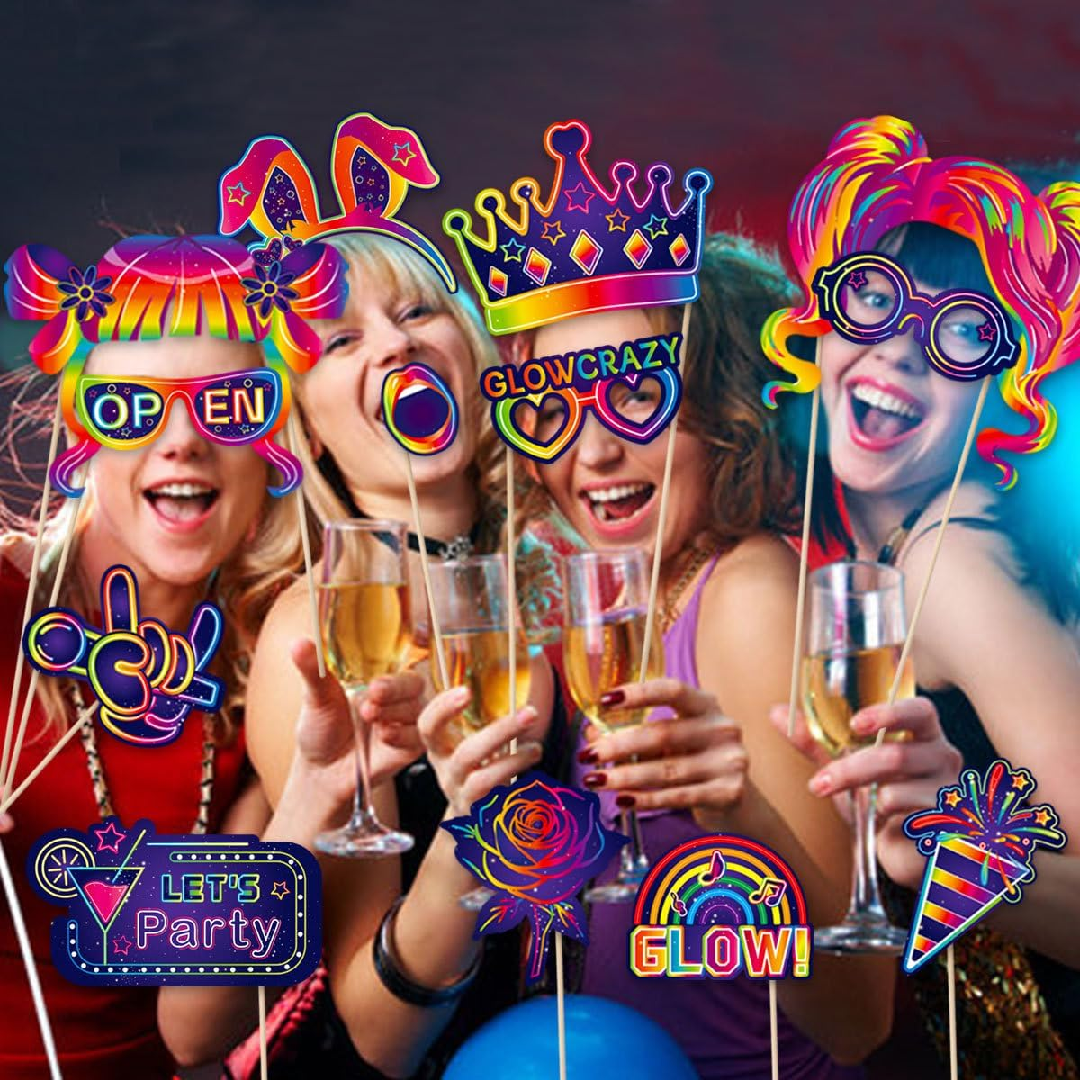 Buziba 30Pcs Glow Neon Photo Booth Props with Stick Neon Theme Selfie Props Party Decoration for Birthday Glow in the Dark Disco Black Light Party Supplies image number 2