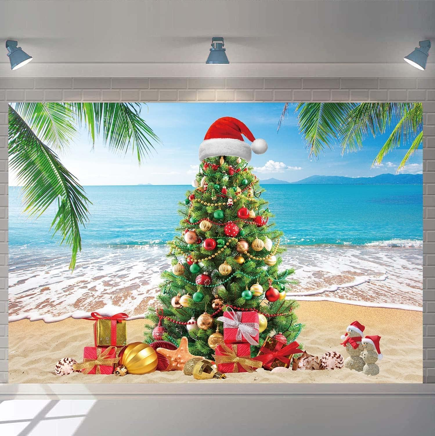 Summer Christmas Tree Backdrop Tropical Beach Xmas in July Photography Background Palm Leaves Blue Sky Ocean Christmas Family Holiday Party Photo Backdrop (10X8Ft(120X96 Inch)) image number 2