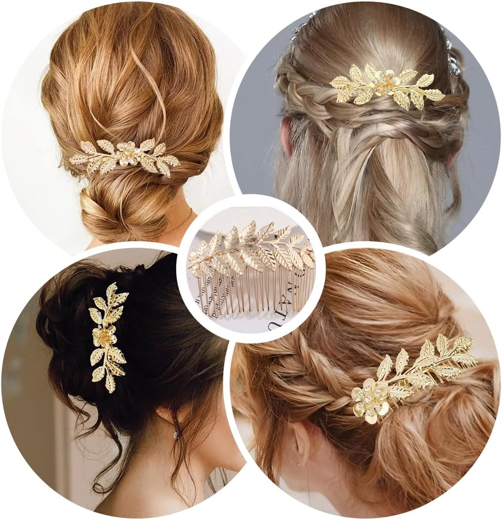 3 Pieces Hair Combs, Vintage Metal Hair Comb, Side Hair Combs, Decorative Bridal Leaf Clips, Golden French Twist Hair Comb for Women image number 5