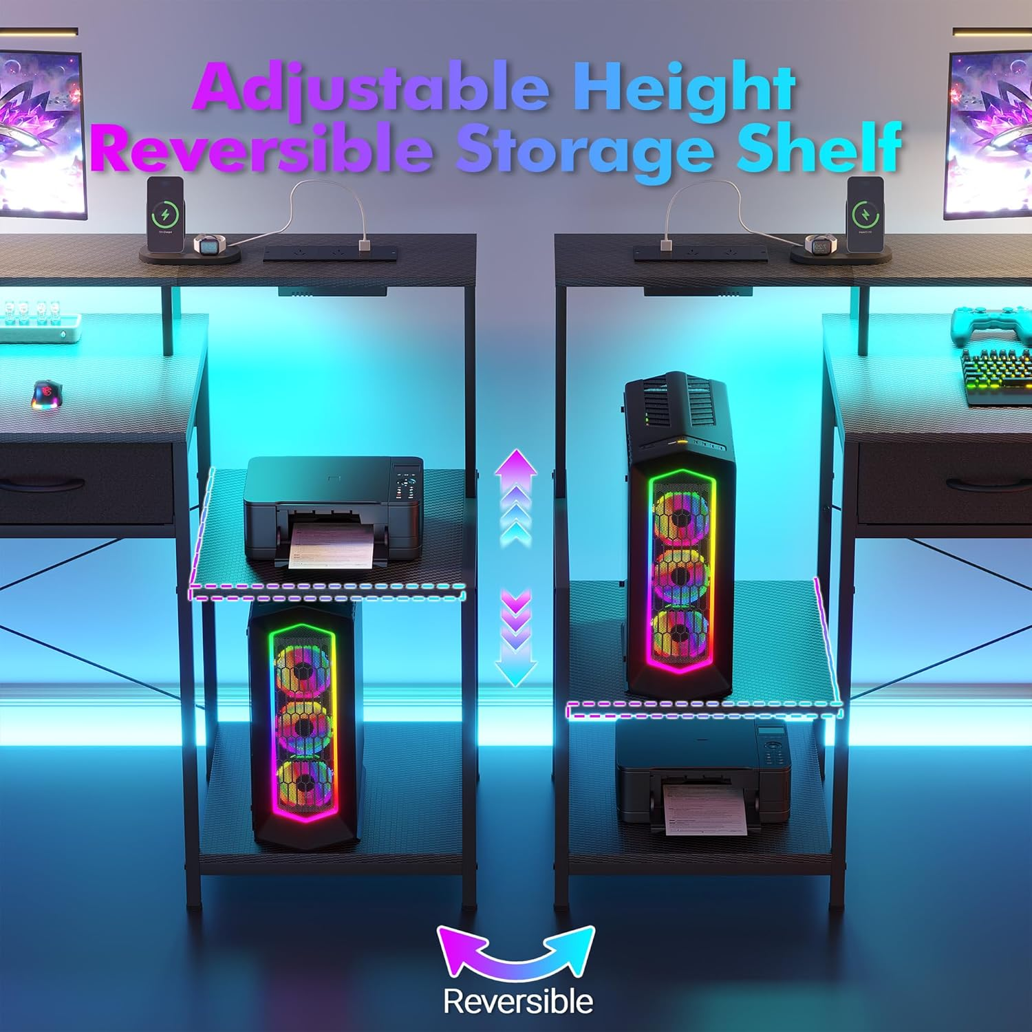 Advwin 120Cm Gaming Desk with LED Lights & Power Outlets Reversible Printer Storage Shelf Computer Desk with Drawers & Headphone Hook Black - Black image number 2