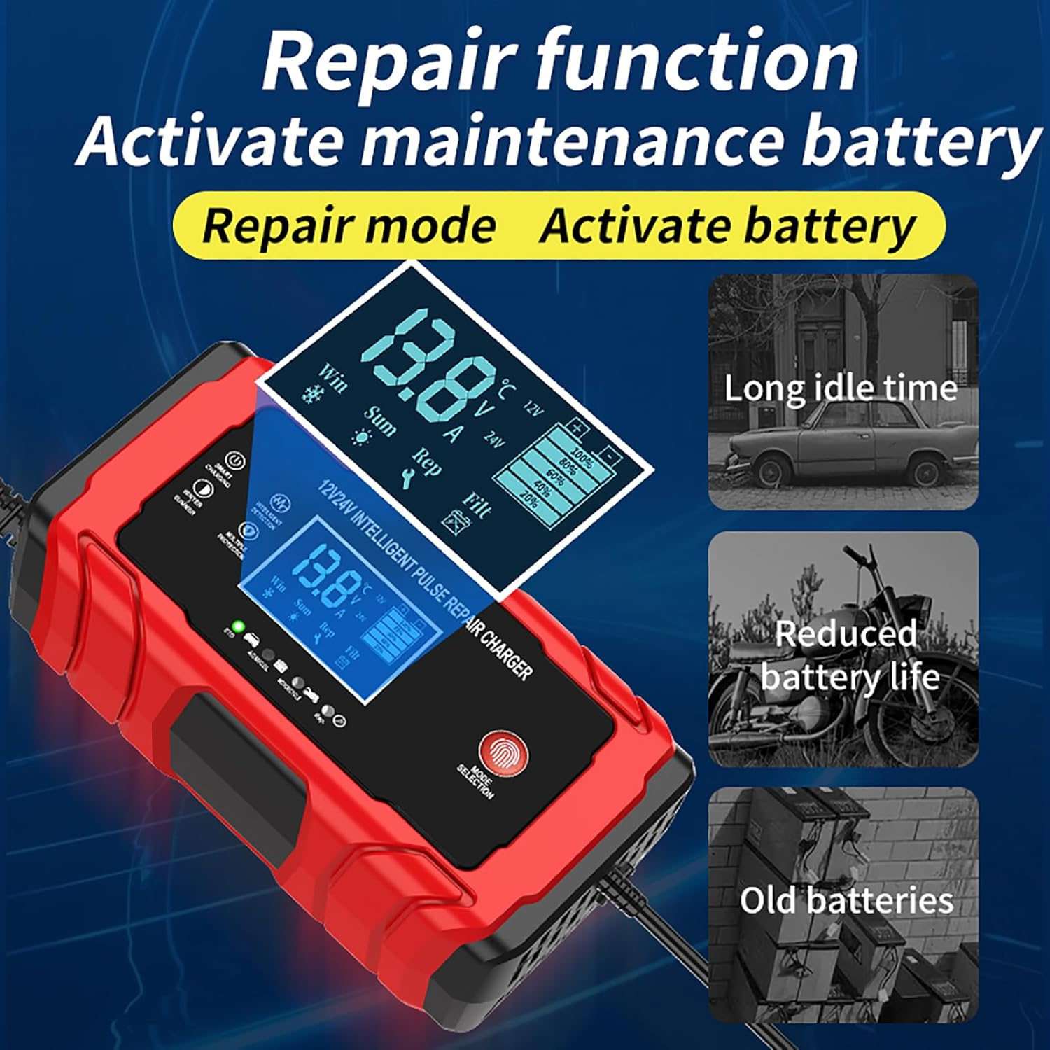 TEKXDD Car Battery Charger 10 Amp &ndash; 12V/24V Smart Trickle Charger 7 Stage, Fully Automatic Battery Maintainer with LCD Display/Temperature Compensation, Trickle Maintainer for Car, Truck, Motorcycle image number 6