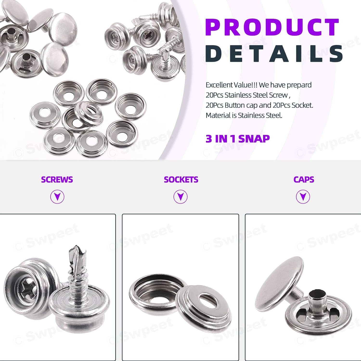 Swpeet 122Pcs Canvas Snap Kit, Stainless Steel Marine Grade Canvas and Upholstery Boat Cover Snap Button Fastener Kit Including 3/8" Sockets 13Mm Metal Screws Caps Anvil 3" Flaring Tool for Boat Cover image number 6